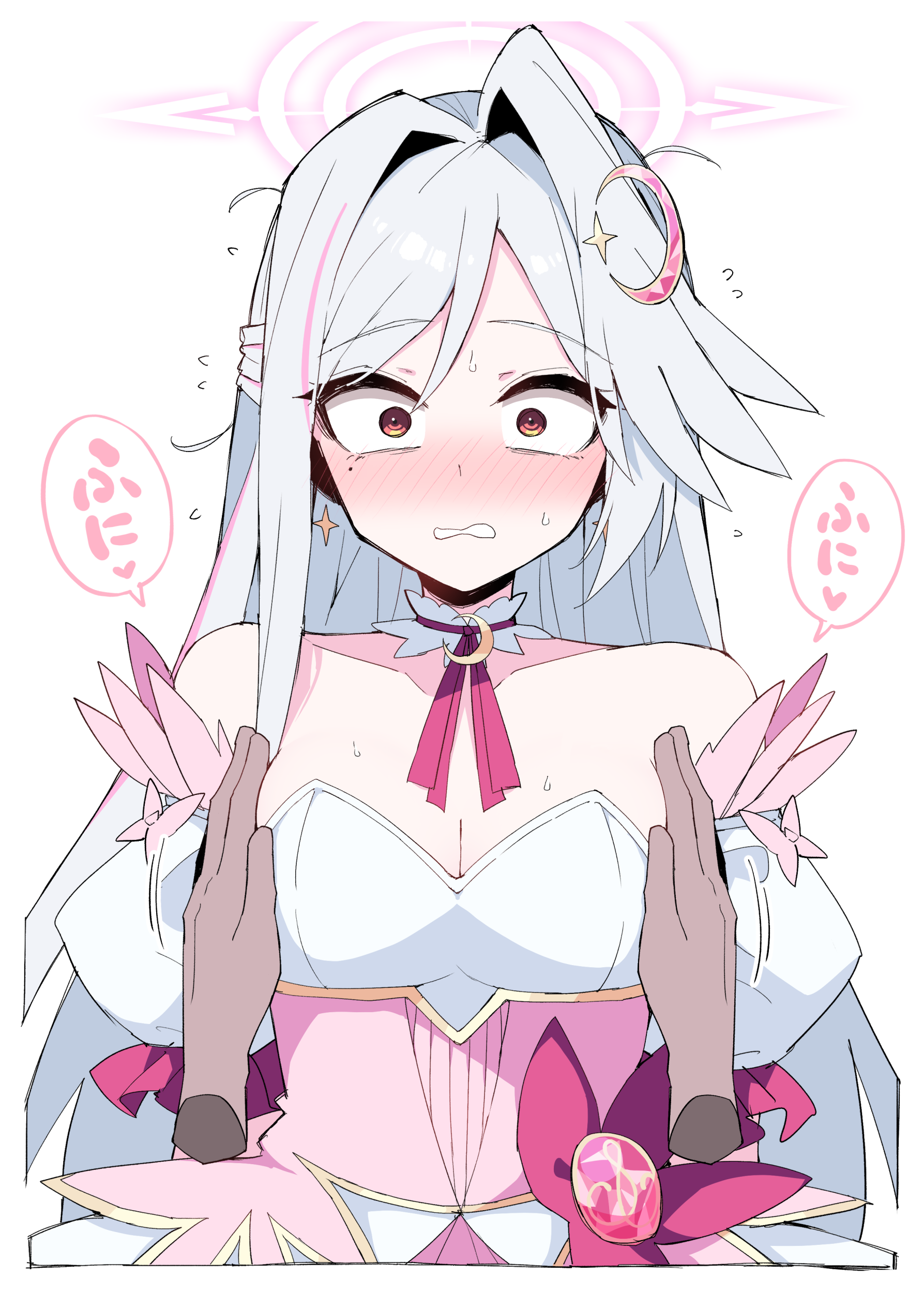 himiya jouzu, suzumi (blue archive), suzumi (magical) (blue archive), blue archive, absurdres, commentary request, highres, 1girl, 1other, bare shoulders, blush, breasts, collarbone, crescent, crescent hair ornament, disembodied hand, grey hair, hair ornament, halo, long hair, looking at viewer, medium breasts, mole, mole under eye, official alternate costume, red eyes, simple background, solo focus, upper body, white background, white halo