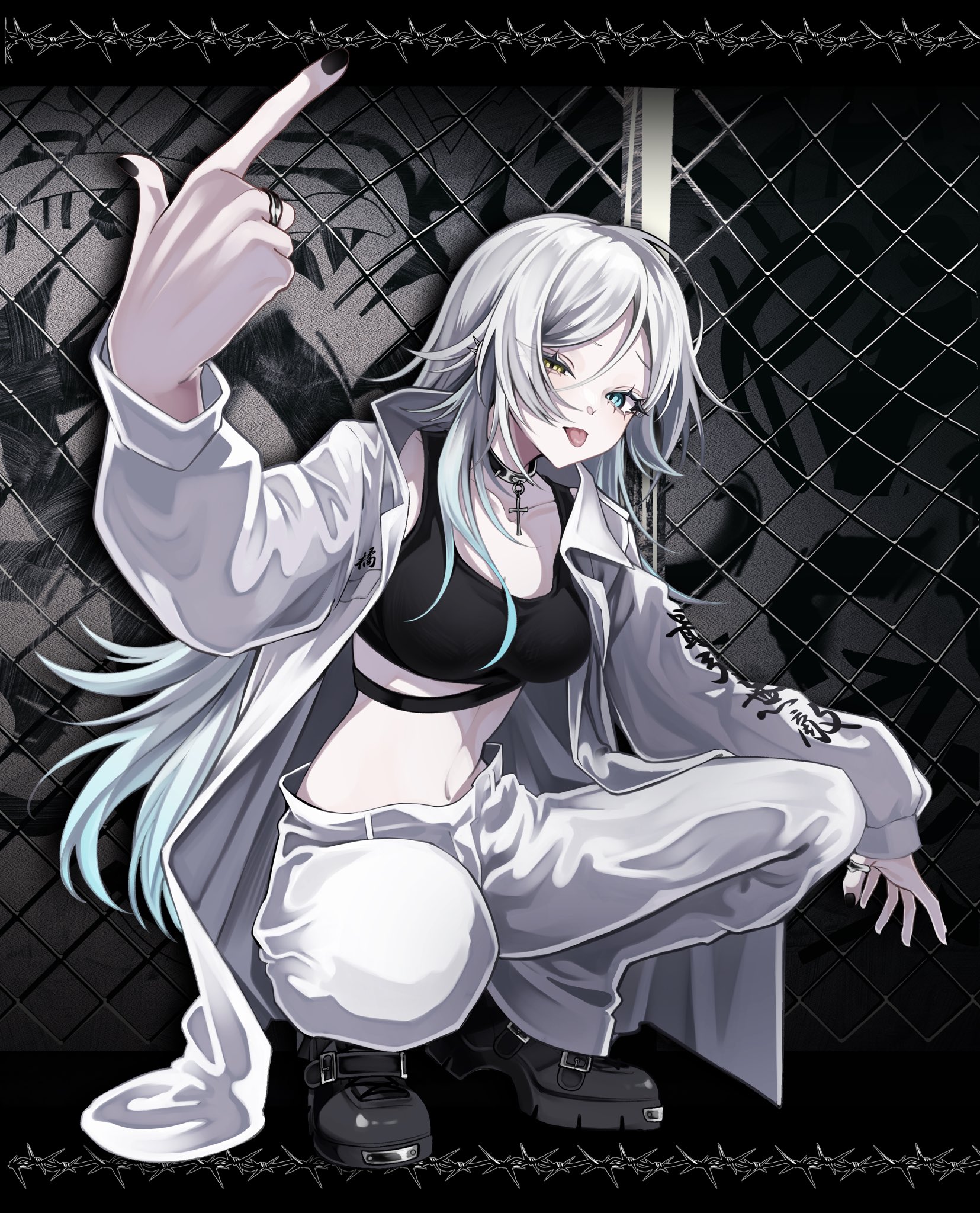 402 (o0 xxx), original, commentary request, highres, 1girl, black nails, black shoes, black tank top, blue eyes, breasts, crop top, double-parted bangs, fingernails, full body, hair between eyes, heterochromia, index finger raised, jacket, jewelry, long hair, long sleeves, looking at viewer, medium breasts, midriff, nail polish, open clothes, open jacket, pants, ring, shoes, solo, squatting, tank top, tongue, tongue out, white hair, white jacket, white pants, yellow eyes
