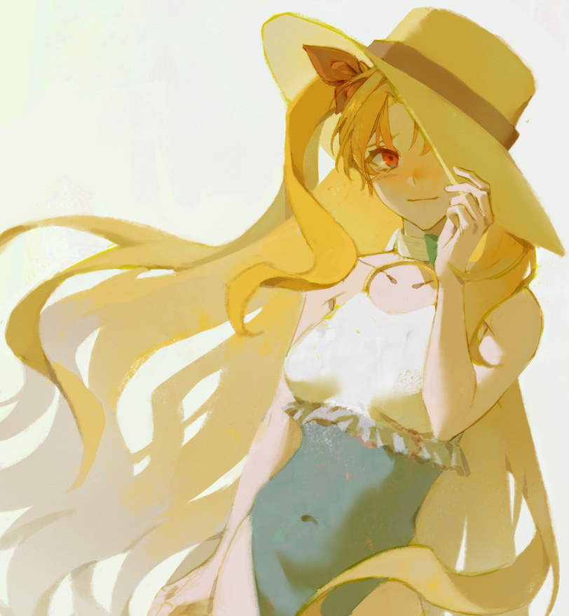 ereshkigal (fate), space ereshkigal (fate), fate/grand order, fate (series), 1girl, blonde hair, blush, bow, breasts, covered navel, hair bow, hand on own hat, hat, long hair, medium breasts, one-piece swimsuit, red eyes, simple background, smile, solo, sun hat, swimsuit, two side up, upper body, very long hair, white background, xinjinjumin736453053136
