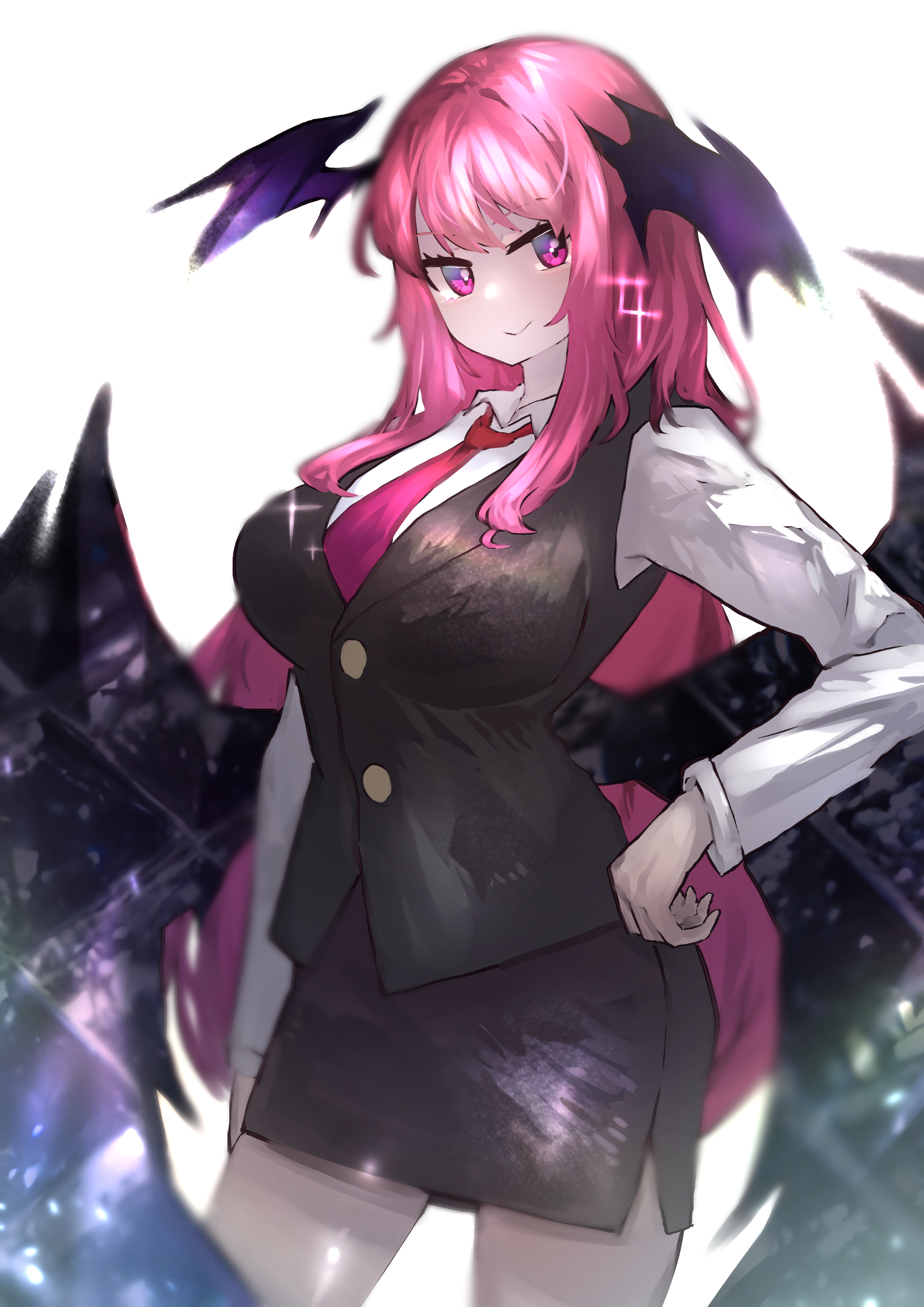 getsurai, koakuma, touhou, absurdres, commentary, highres, 1girl, alternate breast size (larger), black skirt, black vest, breasts, demon girl, demon wings, head wings, koakuma day, large breasts, long hair, long sleeves, looking at viewer, miniskirt, necktie, pencil skirt, pink eyes, pink hair, red necktie, shirt, side slit, simple background, skirt, smile, solo, straight hair, thighs, very long hair, vest, white background, white shirt, wings