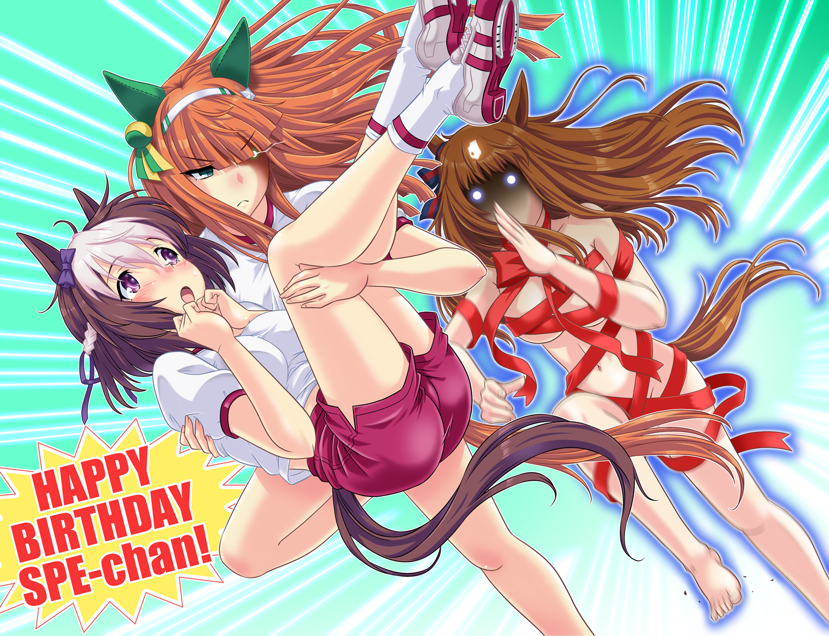 umajiri gyuunyuu, grass wonder (umamusume), silence suzuka (umamusume), special week (umamusume), umamusume, commentary request, highres, 3girls, animal ears, ass, barefoot, behind another, blush, bow, braid, breasts, brown hair, carrying, carrying person, chasing, convenient arm, convenient censoring, ear bow, ear covers, eye trail, fleeing, floating hair, glowing, glowing eye, glowing eyes, green eyes, grey hair, groin, gym shirt, gym shorts, gym uniform, hair between eyes, hairband, hands up, horse ears, horse girl, horse tail, large breasts, light trail, long hair, looking at another, medium hair, motion blur, multicolored hair, multiple girls, naked ribbon, navel, nose blush, open mouth, princess carry, purple eyes, ribbon, running, shaded face, shirt, shoes, short shorts, short sleeves, shorts, socks, stomach, sweat, tail, tail censor, toes, two-tone hair, v-shaped eyebrows, very long hair, white hair, white shirt, wrapped up, yuri