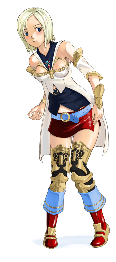 oboro (squeeze), ashelia b'nargin dalmasca, final fantasy, final fantasy xii, 00s, 1girl, blonde hair, blue eyes, breasts, female focus, full body, miniskirt, navel, skirt, solo, thighhighs