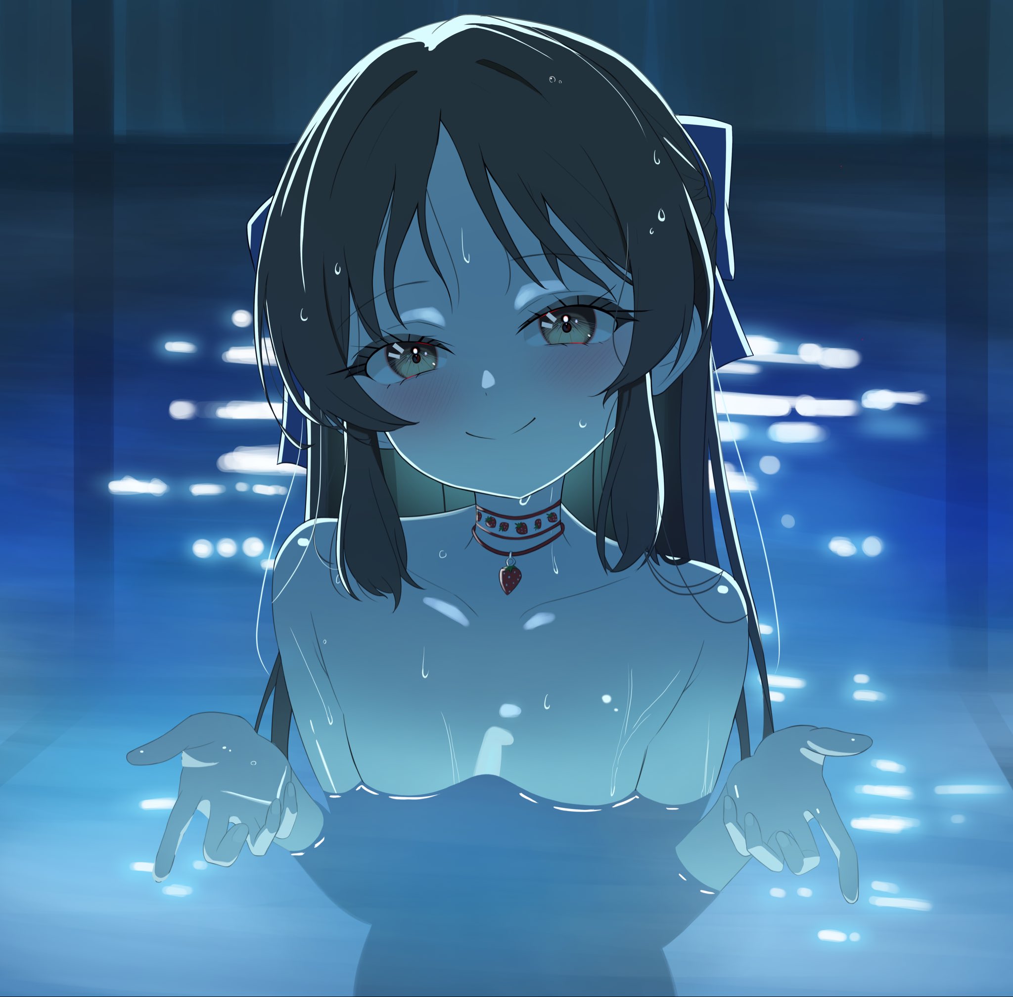 fella (vpffk0731), tachibana arisu, idolmaster, idolmaster cinderella girls, idolmaster cinderella girls u149, highres, 1girl, bright pupils, brown eyes, brown hair, choker, collarbone, flat chest, food, fruit, i'll teach you everything (chainsaw man), light blush, long hair, looking at viewer, nude, outdoors, partially submerged, pool, sidelocks, smile, solo, strawberry, strawberry necklace, water, wet