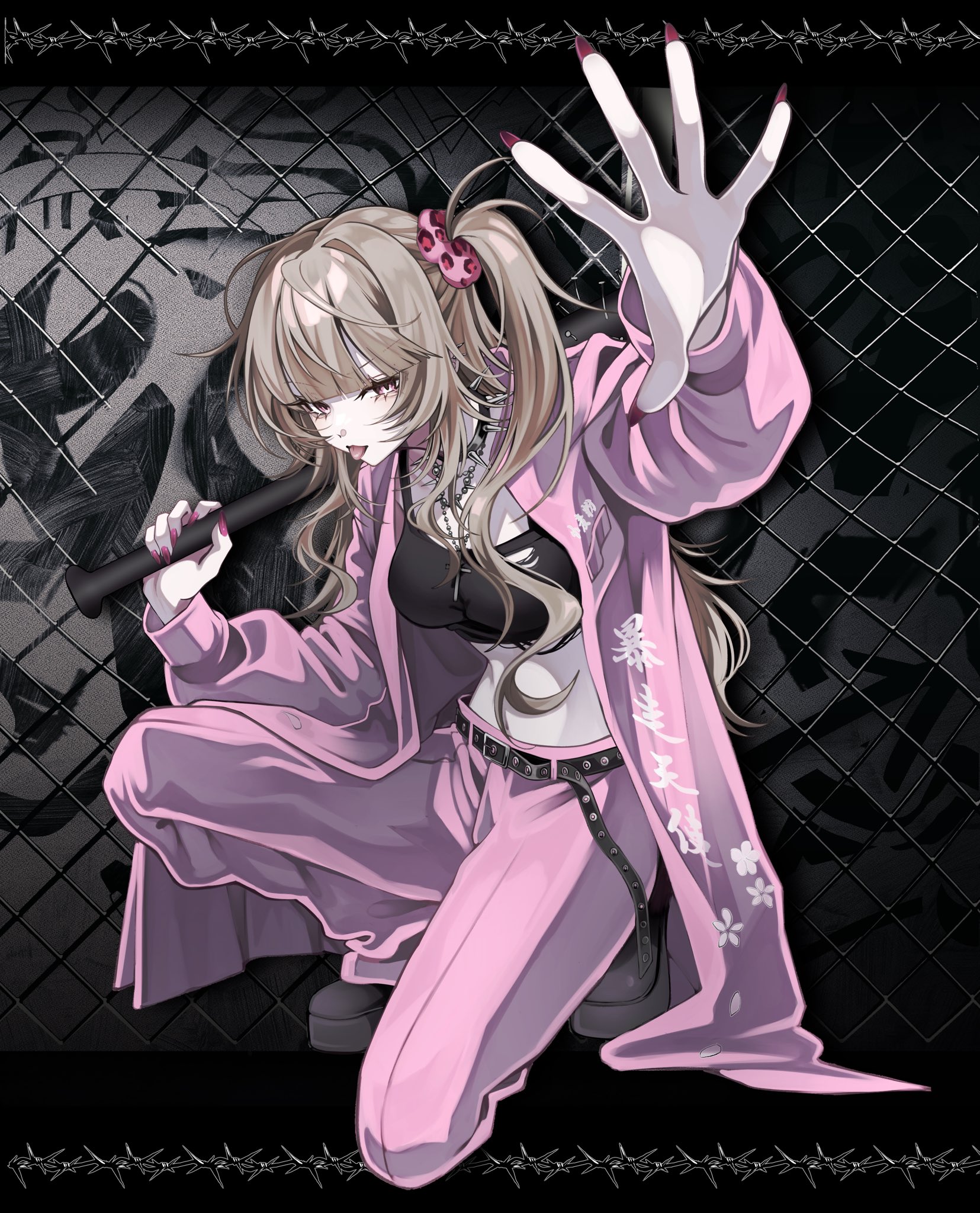 402 (o0 xxx), original, commentary request, highres, 1girl, baseball bat, belt, belt buckle, black belt, black choker, black tank top, blunt bangs, breasts, brown hair, buckle, choker, crop top, fingernails, full body, hair ornament, hair scrunchie, holding, holding baseball bat, jacket, long hair, long sleeves, looking at viewer, medium breasts, midriff, nail polish, on one knee, one side up, open clothes, open hand, open jacket, pants, pink eyes, pink jacket, pink pants, pink scrunchie, red nails, scrunchie, solo, spiked choker, spikes, tank top, tongue, tongue out