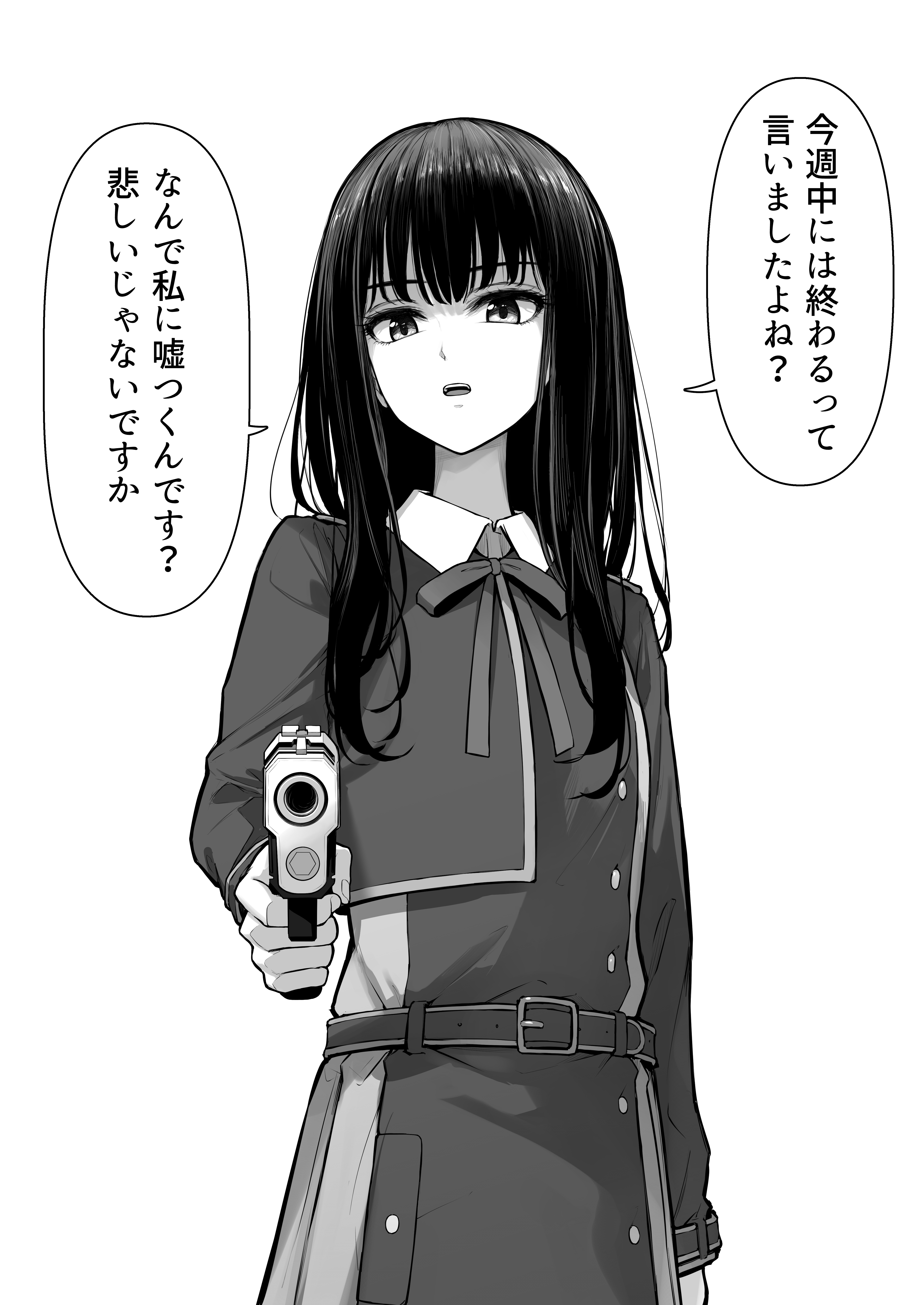 kusaba eru (happy crystal), inoue takina, lycoris recoil, absurdres, commentary request, highres, translation request, 1girl, aiming, aiming at viewer, dress, greyscale, gun, handgun, holding, holding gun, holding weapon, long hair, long sleeves, looking at viewer, lycoris uniform, monochrome, neck ribbon, open mouth, ribbon, simple background, solo, speech bubble, standing, weapon, white background