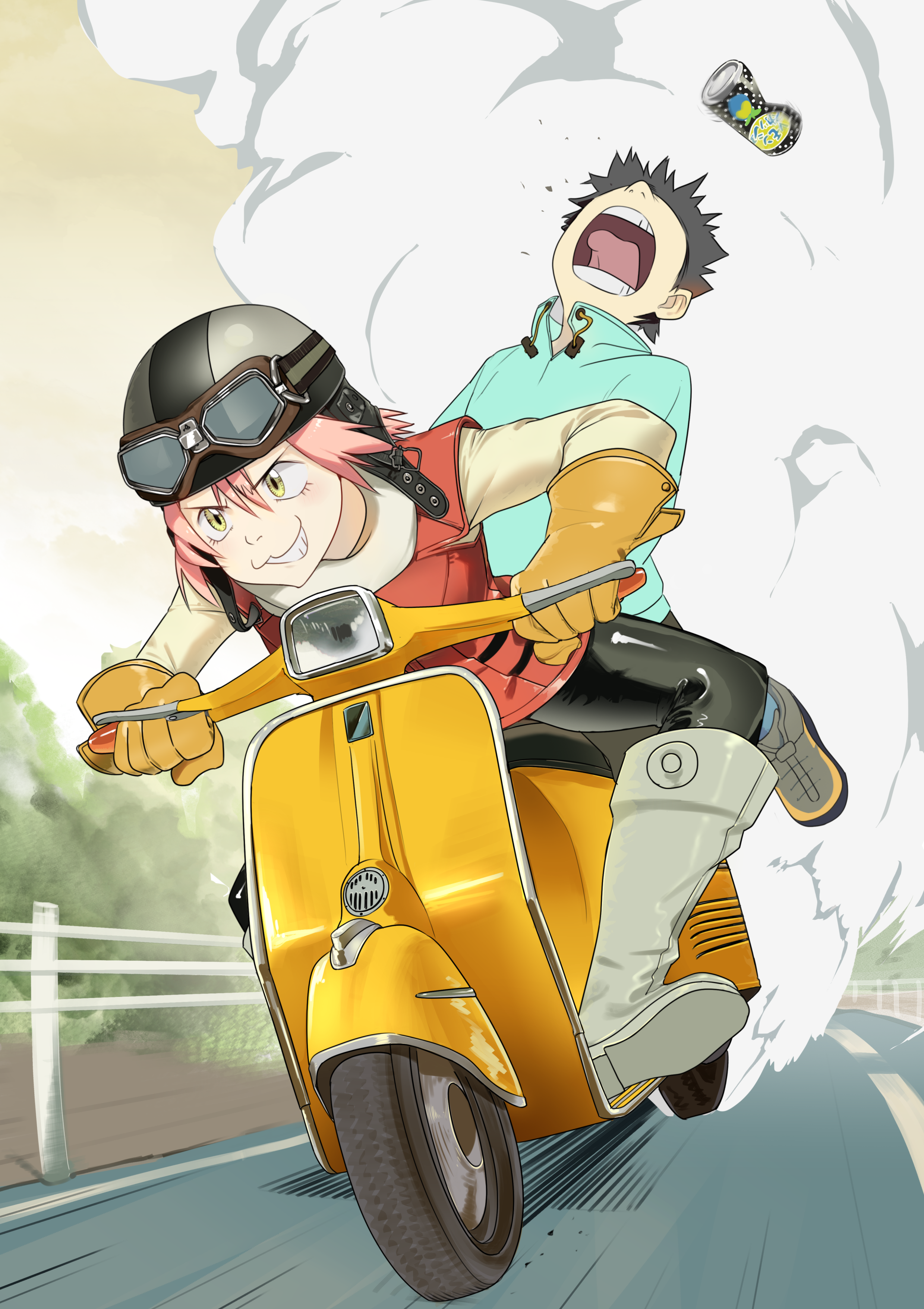 haruhara haruko, nandaba naota, flcl, vespa, absurdres, highres, 1boy, 1girl, boots, can, drink can, dust cloud, gloves, goggles, goggles on headwear, helmet, knee boots, leather, leather gloves, motor vehicle, open mouth, pink hair, riding scooter, road, scooter, teeth, tongue, user hegd7837, yellow eyes