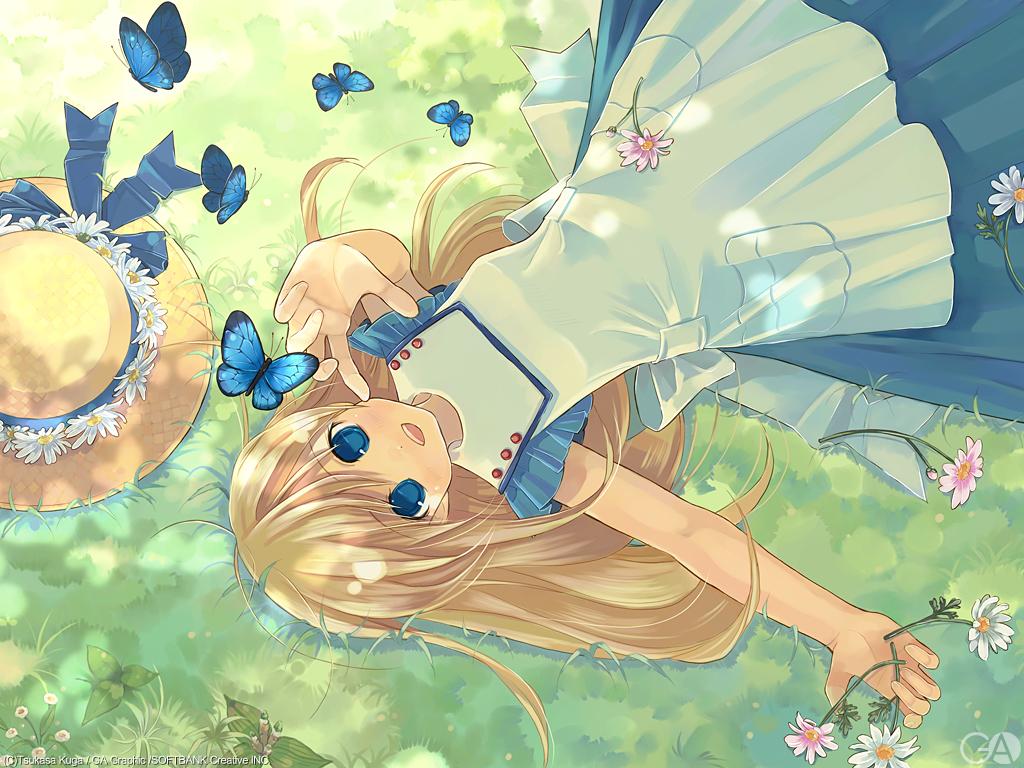 tagme, 1girl, bug, butterfly, female focus, flower, grass, hat, lying, nature, outdoors, plant, smile, solo
