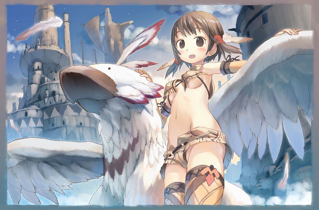 tougetsu gou, original, painttool sai (medium), 1girl, animal, armband, bikini, blush, breasts, brown eyes, brown hair, building, castle, cloud, feather hair ornament, feathers, female focus, griffin, hair ornament, looking at viewer, low twintails, monster, navel, open mouth, short hair, sky, small breasts, smile, solo, swimsuit, thighhighs, tribal, twintails, underboob