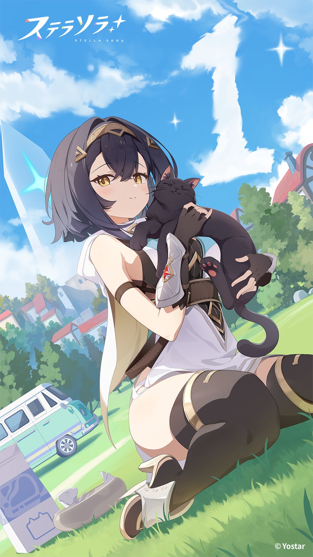 deyui, amber (stella sora), stella sora, commentary, highres, official art, 1girl, black gloves, black hair, black thighhighs, blue sky, breasts, closed mouth, cloud, fingerless gloves, gloves, high heels, looking at viewer, medium breasts, medium hair, sideboob, sitting, sky, smile, solo, thighhighs, yellow eyes