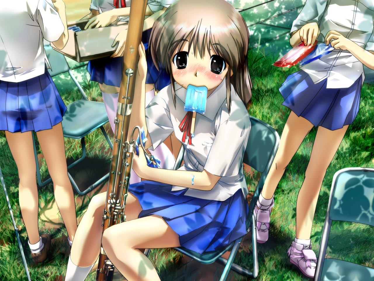 tagme, 4girls, blush, brown eyes, brown hair, flat chest, food, grass, ice cream, instrument, multiple girls, popsicle, school uniform, shoes, sitting, socks, tree