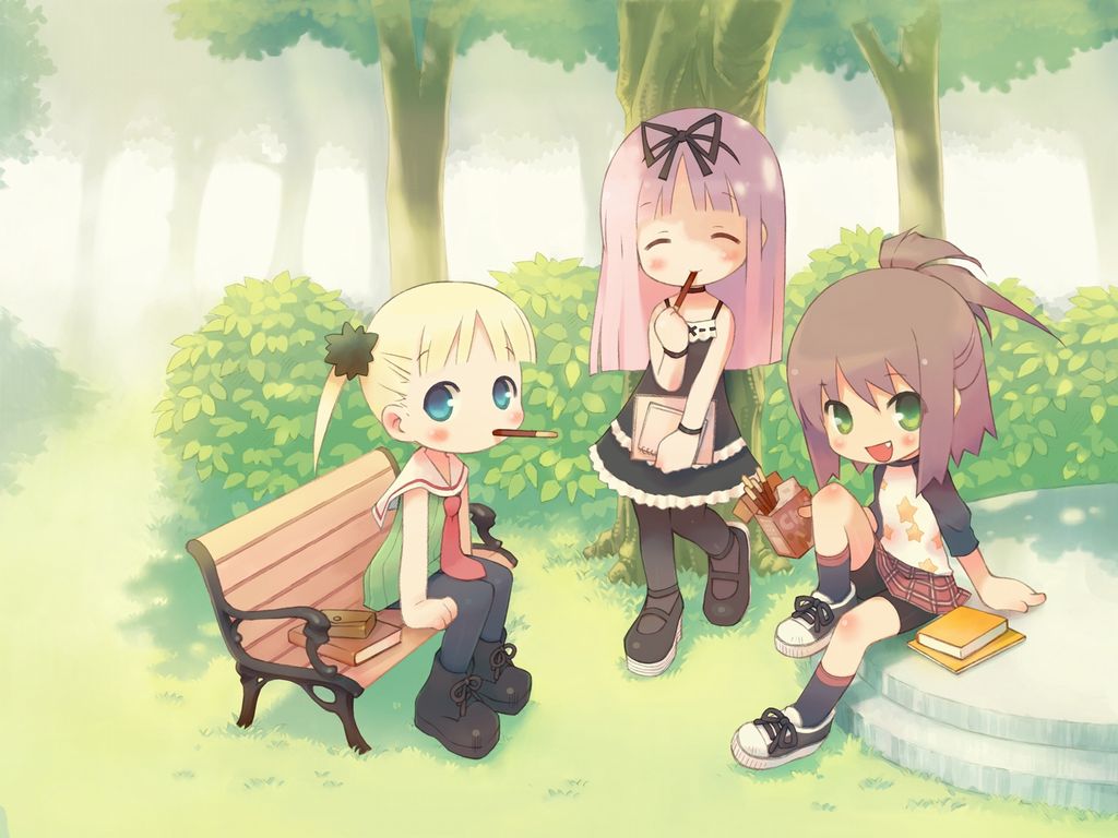 garden (game), 3girls, bench, blonde hair, blue eyes, blush, book, brown hair, child, dress, fang, food, green eyes, hair ribbon, long hair, multiple girls, outdoors, pink hair, pocky, ribbon, twintails