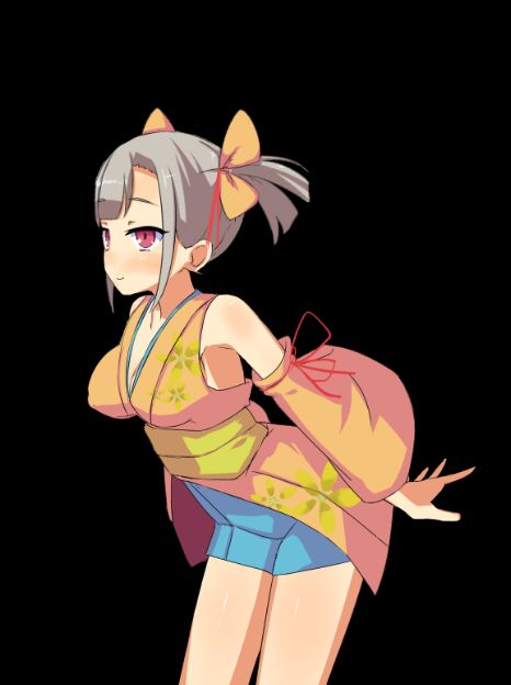 game cg, large variant set, variant set, 1girl, anime coloring, bent over, black background, blue skirt, blush, bow, breasts, cleavage, closed mouth, collarbone, cowboy shot, detached sleeves, from side, grey hair, hair between eyes, hair bow, japanese clothes, kimono, medium breasts, miniskirt, mizuha (toraware no kami-sama), obi, open hand, outstretched arm, pencil skirt, red eyes, sash, short hair, short kimono, shoulder blush, simple background, skirt, sleeveless, sleeveless kimono, smile, solo, spread fingers, standing, tachi-e, tachinori buranko, thighs, toraware no kami-sama to tabi no shoujo, twintails, wide sleeves, yellow bow, yellow kimono, yellow sash