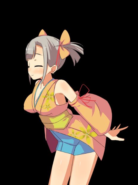 game cg, large variant set, variant set, 1girl, anime coloring, bent over, black background, blue skirt, blush, bow, breasts, cleavage, closed eyes, closed mouth, collarbone, cowboy shot, detached sleeves, from side, grey hair, hair between eyes, hair bow, japanese clothes, kimono, medium breasts, miniskirt, mizuha (toraware no kami-sama), obi, open hand, outstretched arm, pencil skirt, sash, short hair, short kimono, shoulder blush, simple background, skirt, sleeveless, sleeveless kimono, smile, solo, spread fingers, standing, tachi-e, tachinori buranko, thighs, toraware no kami-sama to tabi no shoujo, twintails, wide sleeves, yellow bow, yellow kimono, yellow sash