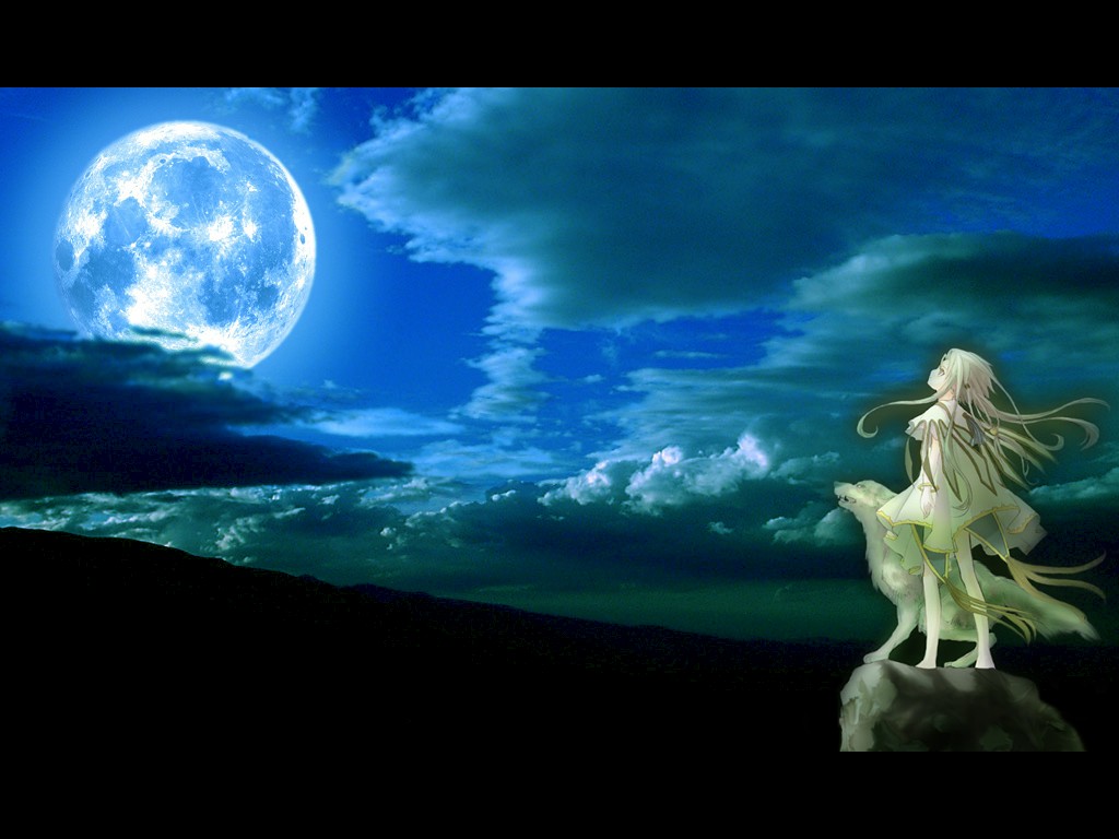 artist request, 1girl, animal, barefoot, blonde hair, bracelet, brown eyes, cloud, dress, jewelry, long hair, moon, night, rock, short sleeves, sky, standing, white dress, wolf