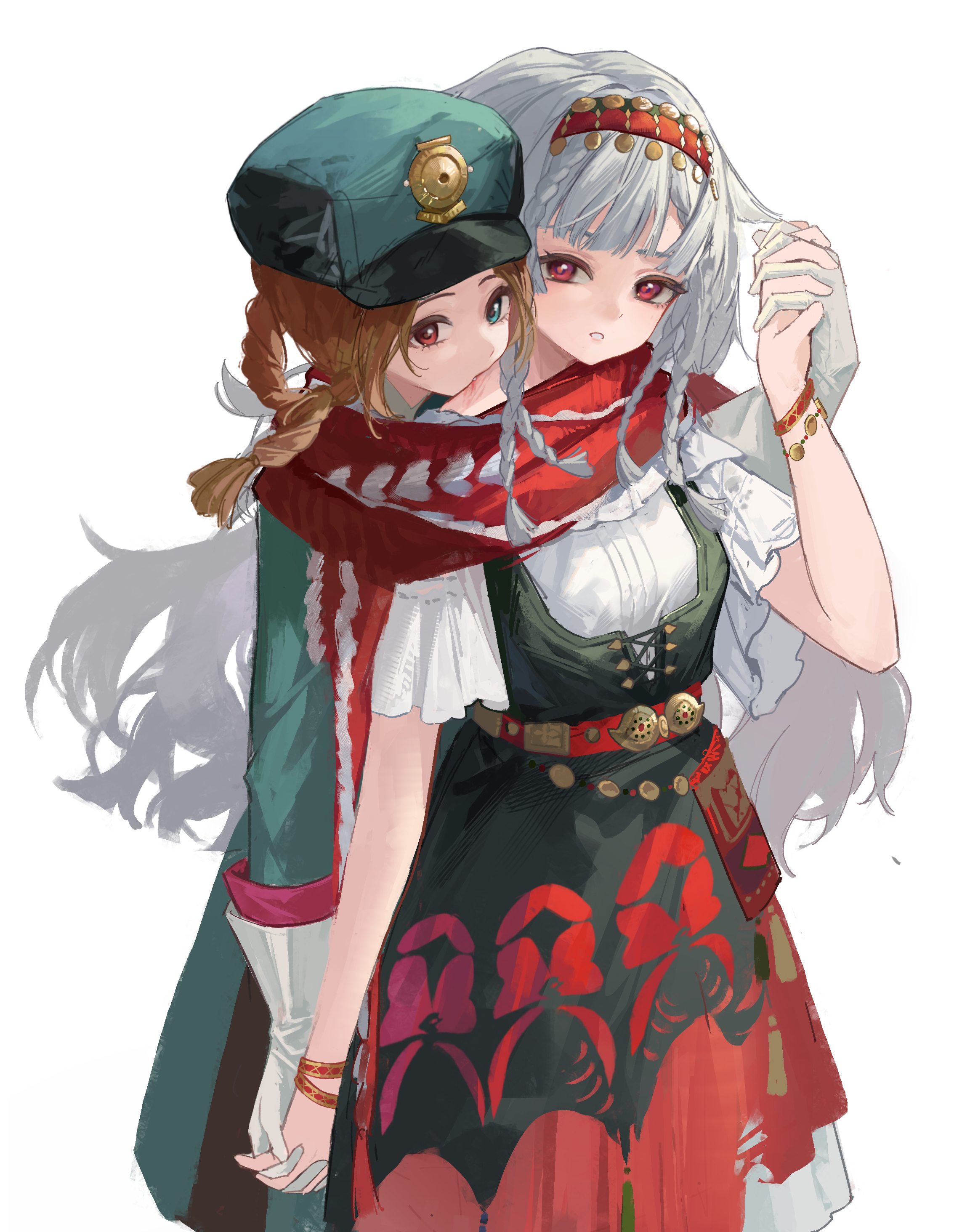 kuroja, rubuska, reverse:1999, absurdres, highres, 2girls, aima (reverse:1999), behind another, biting, black corset, blood sucking, blue eyes, braid, braided hair rings, corset, cowboy shot, green hat, green jacket, hair rings, hairband, hand up, hat, heterochromia, holding hands, interlocked fingers, jacket, long hair, looking at viewer, multiple girls, neck biting, parted lips, peaked cap, red eyes, red hairband, red scarf, red skirt, scarf, shared clothes, shared scarf, shirt, short sleeves, skirt, vampire, very long hair, white hair, white shirt