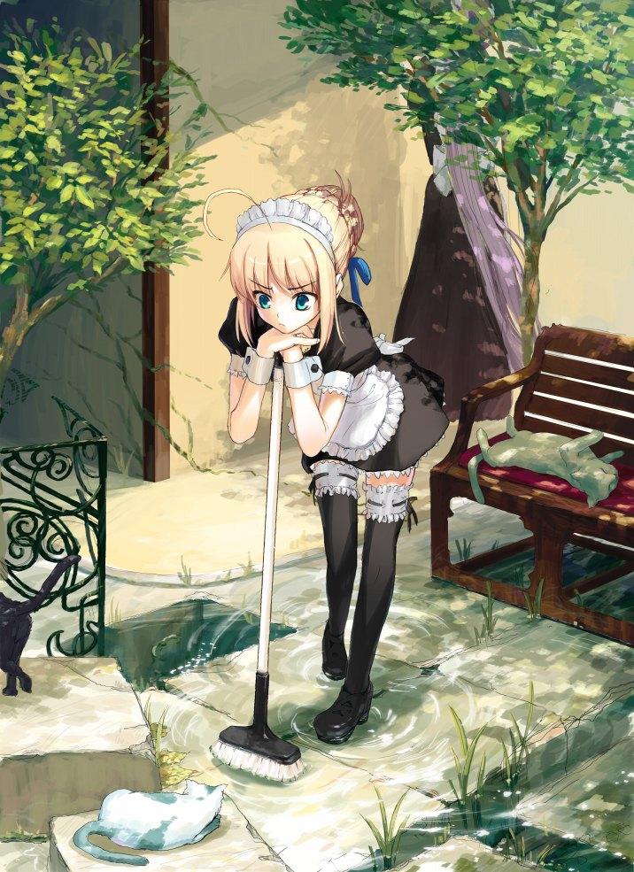 itachi (3dt), artoria pendragon (fate), medusa (fate), medusa (rider) (fate), saber (fate), fate/stay night, fate (series), black footwear, 00s, 1girl, ahoge, animal, apron, bench, black dress, black thighhighs, blonde hair, blue eyes, blue ribbon, braid, broom, cat, dress, grass, hair bun, hair ribbon, holding, leaning forward, leaning on object, long hair, maid, maid apron, maid headdress, pink hair, ribbon, shoes, short sleeves, standing, thighhighs, tree, water, white apron, wrist cuffs, zettai ryouiki