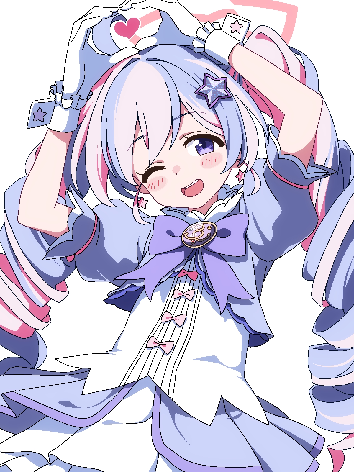 buta (dhakaoat), reisa (blue archive), reisa (magical) (blue archive), blue archive, highres, 1girl, :d, arm up, blush stickers, bow, cowboy shot, dress, earrings, gloves, hair ornament, halo, heart, heart hands, jewelry, juliet sleeves, long sleeves, magical girl, multicolored hair, official alternate costume, one eye closed, open mouth, pink halo, puffy sleeves, purple bow, short sleeves, simple background, smile, solo, spoken heart, star (symbol), star earrings, star hair ornament, twintails, two-tone hair, white background