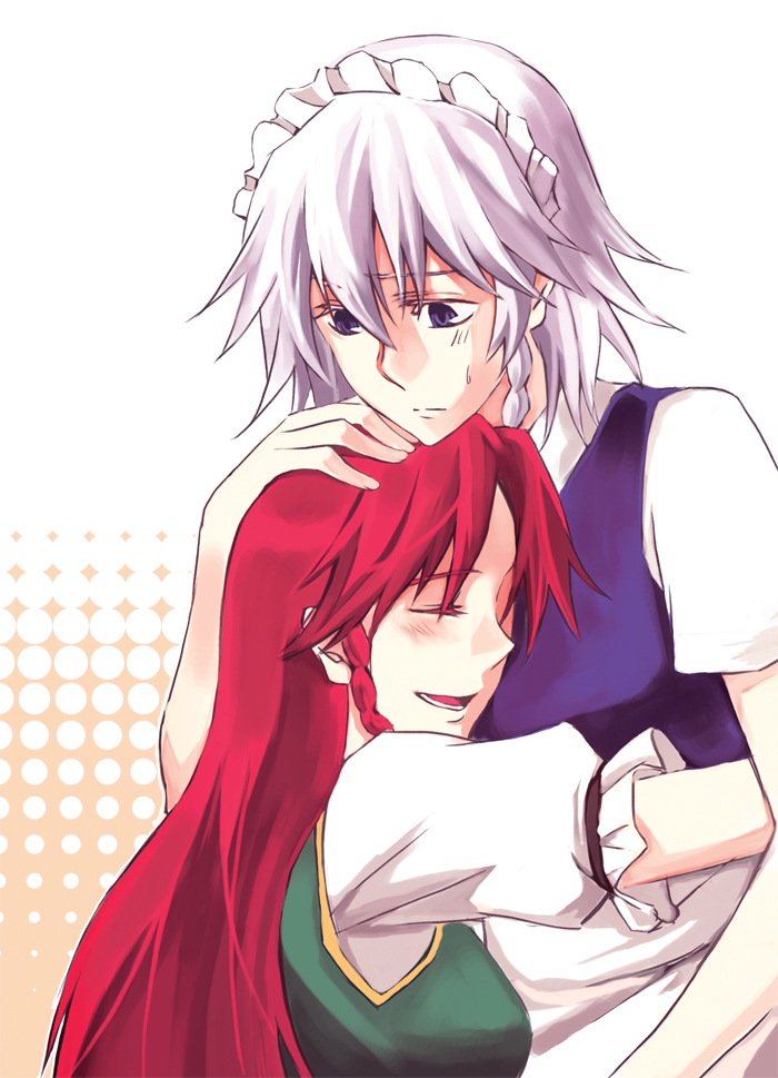 negom, hong meiling, izayoi sakuya, embodiment of scarlet devil, touhou, hand on head, silver hair, bad id, bad pixiv id, 2girls, blush, braid, closed eyes, female focus, hug, long hair, maid, maid headdress, multiple girls, purple eyes, red hair, yuri