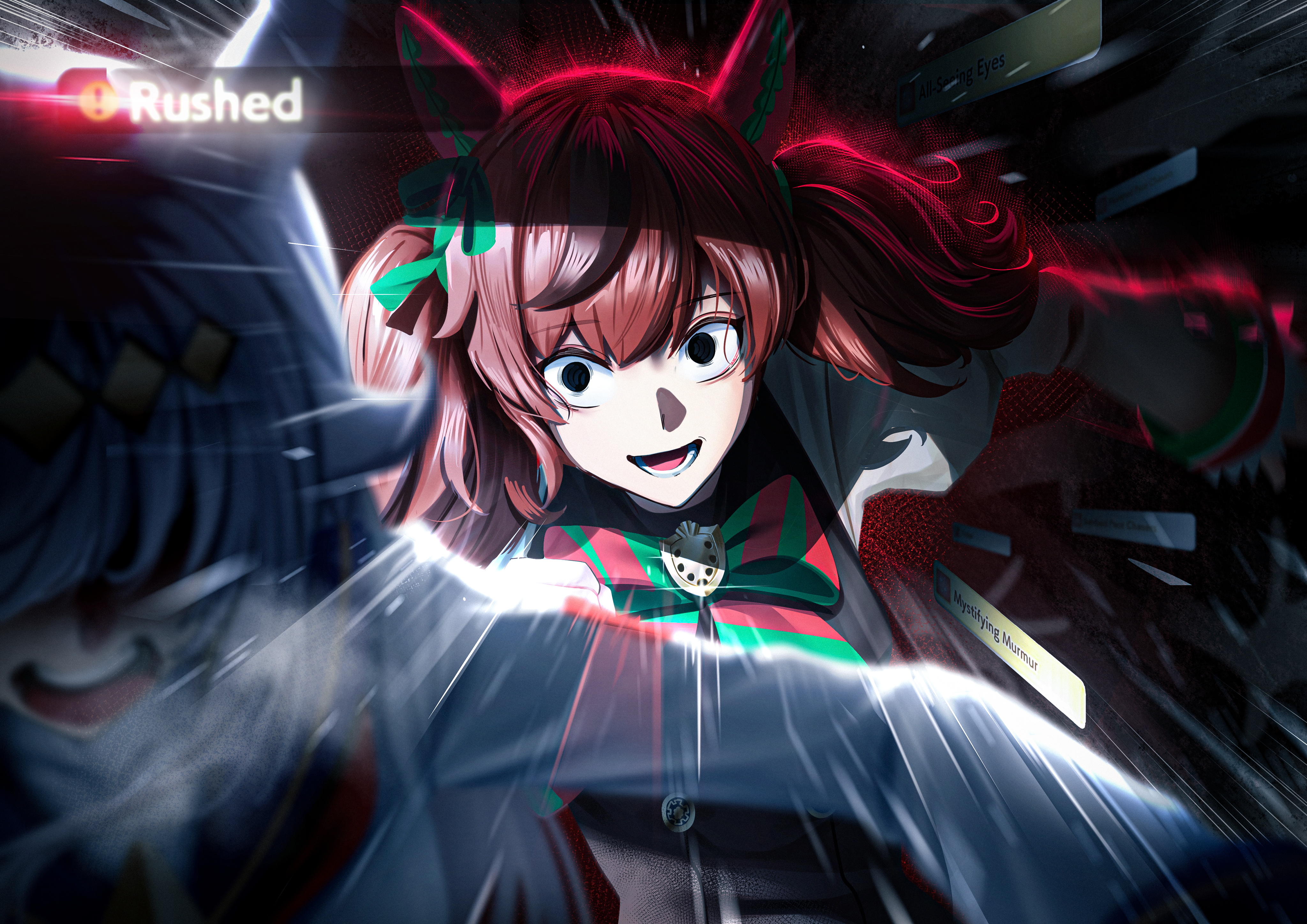 manjo (warito), nice nature (poinsettia ribbon) (umamusume), nice nature (umamusume), oguri cap (starlight beat) (umamusume), oguri cap (umamusume), umamusume, absurdres, commentary request, highres, 2girls, animal ears, black dress, black streaks, bow, bowtie, brown hair, diagonal-striped bow, diagonal-striped bowtie, diagonal-striped clothes, dress, emphasis lines, empty eyes, evil smile, gameplay ability, gameplay mechanics, green bow, green bowtie, grey hair, grey shirt, horse ears, horse girl, motion blur, motion lines, multiple girls, open mouth, shirt, smile, solo focus, striped bow, striped bowtie, striped clothes, twintails, white shirt, wide-eyed