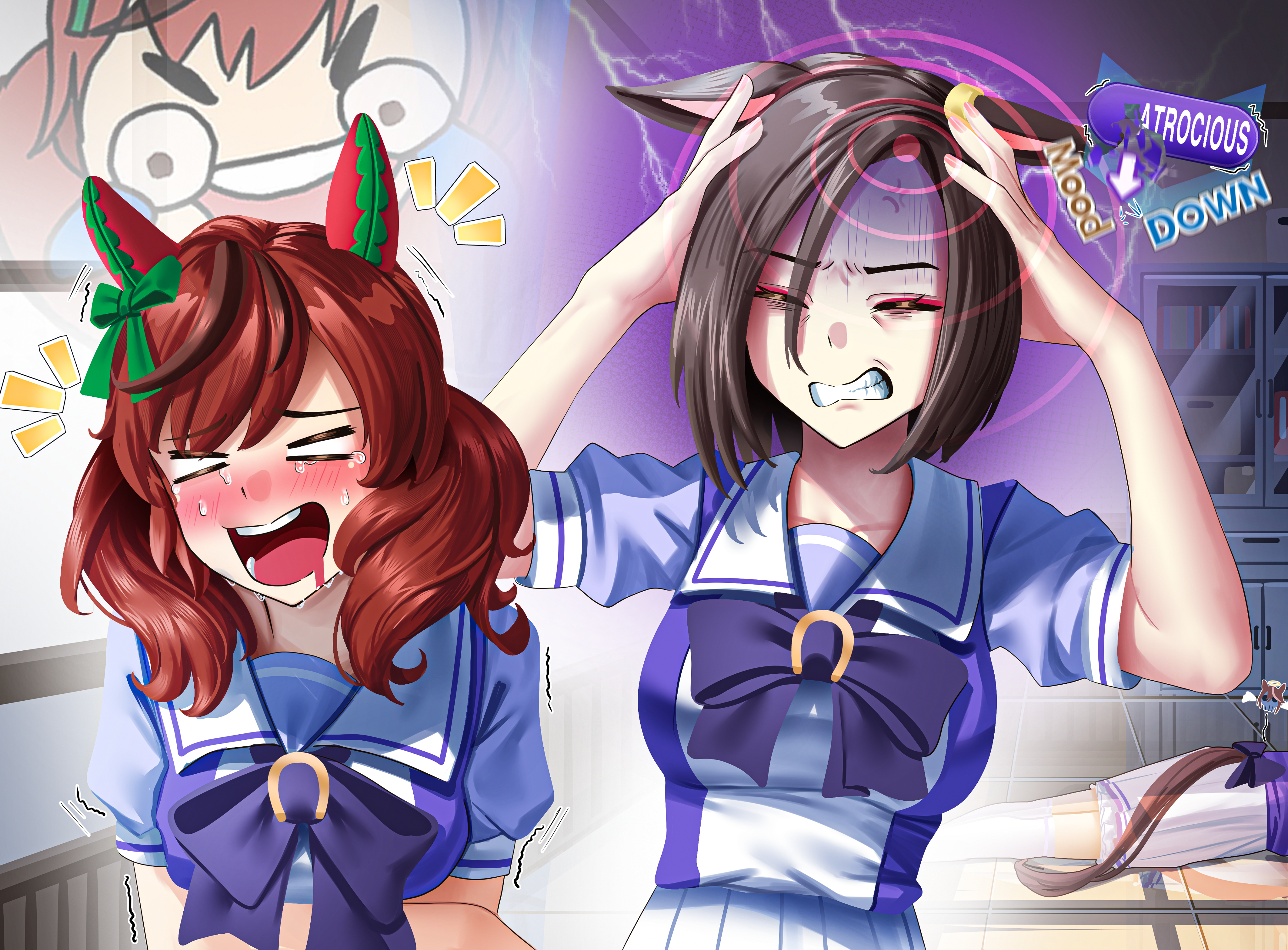 manjo (warito), air groove (umamusume), nice nature (umamusume), tokai teio (umamusume), umamusume, absurdres, highres, 3girls, = =, anger vein, animal ears, blush, bow, bowtie, brown hair, classroom, clenched teeth, clutching head, drooling, ear bow, ear covers, ear ornament, emoji, frown, ghost, giving up the ghost, green bow, hair between eyes, halo, headache, horse ears, horse girl, horse tail, horseshoe ornament, joy emoji, laughing, medium hair, meme, mood (umamusume), mouth drool, multicolored hair, multiple girls, open mouth, puffy short sleeves, puffy sleeves, purple bow, purple bowtie, purple sailor collar, purple serafuku, purple shirt, sailor collar, sailor shirt, school uniform, scowl, serafuku, shaded face, shirt, short hair, short sleeves, skirt, skull, streaked hair, tail, teardrop, teeth, tracen school uniform, trembling, wheeze comic (meme), wheeze emoji, white skirt, wings
