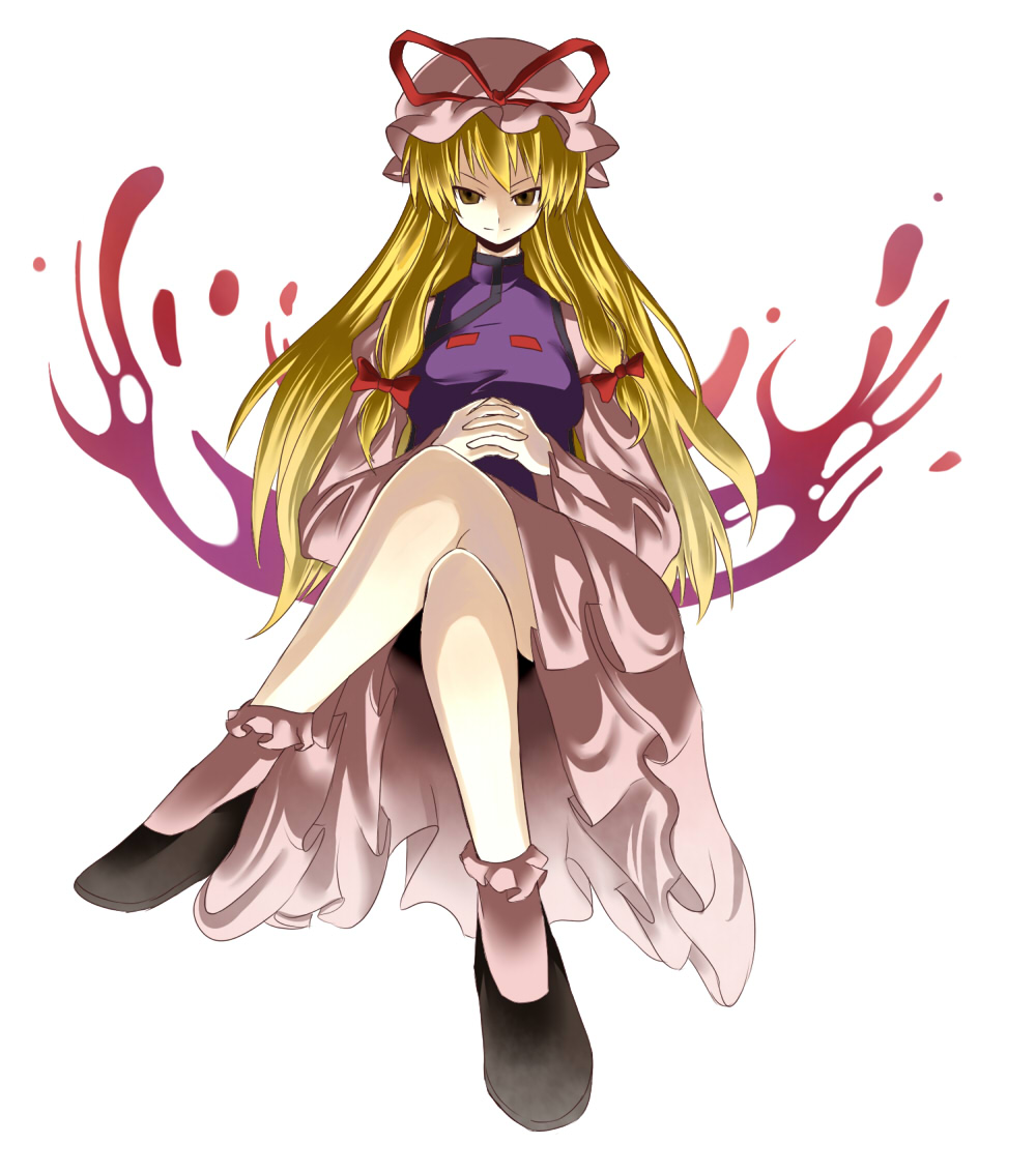 halomiya, yakumo yukari, touhou, bad id, bad pixiv id, 1girl, black shoes, female focus, shoes, sitting, solo