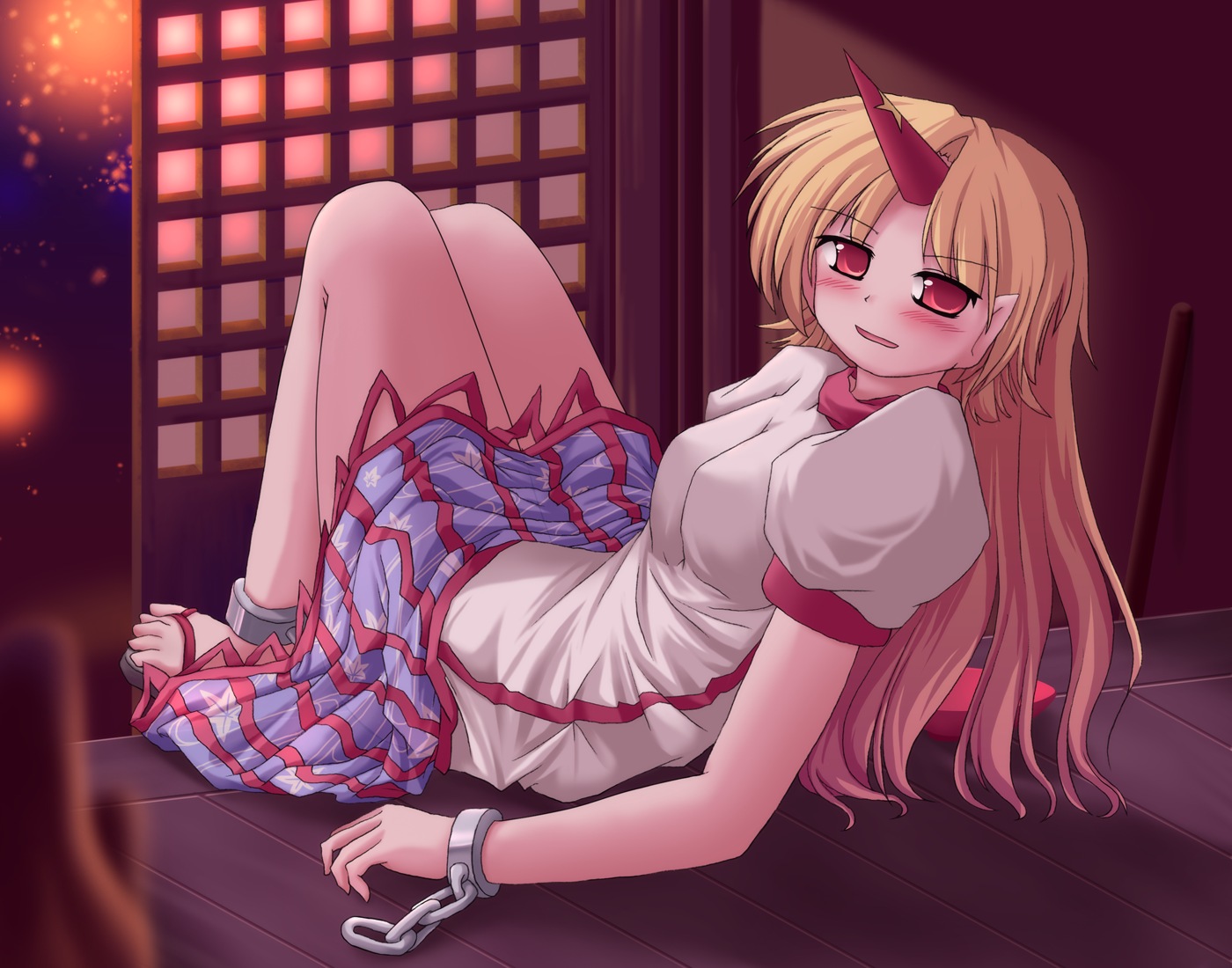 lzh, hoshiguma yuugi, touhou, 1girl, blonde hair, blush, feet, female focus, horns, oni, red eyes, sandals, single horn, solo