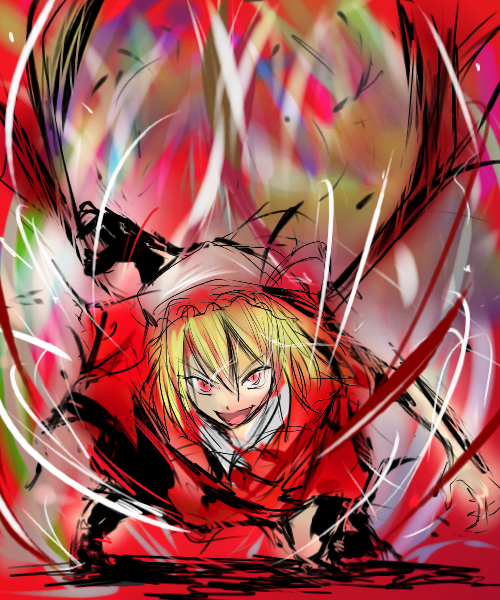 babel, babel99, flandre scarlet, touhou, 1girl, blood, claws, female focus, hair between eyes, hat, mob cap, solo, white hat