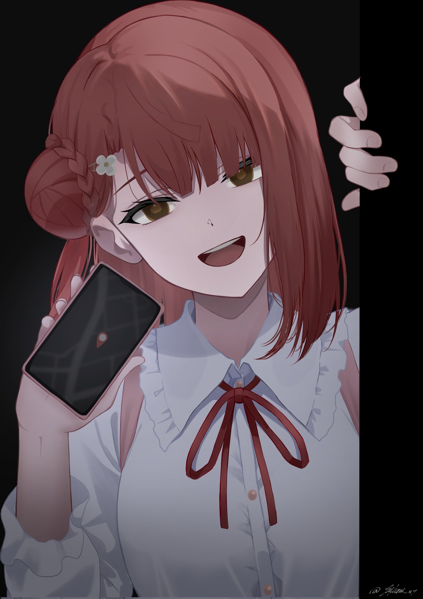 mikami sy, uehara ayumu, love live!, love live! nijigasaki high school idol club, highres, 1girl, black background, blunt bangs, bow, brown eyes, cellphone, flower hairclip, google maps, hair ornament, hairclip, half updo, holding, holding phone, long hair, looking at viewer, phone, red bow, red hair, shirt, simple background, solo, swept bangs, teeth, upper body, upper teeth only, white shirt