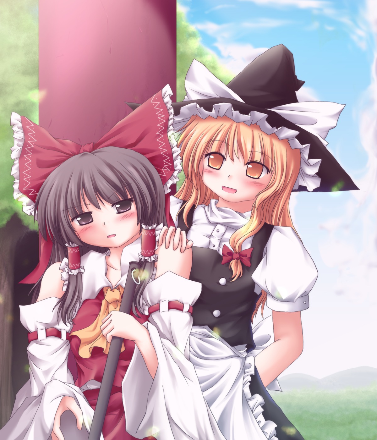 lzh, hakurei reimu, kirisame marisa, touhou, highres, 2girls, brown hair, detached sleeves, female focus, hat, japanese clothes, miko, multiple girls, nature, outdoors, plant, skirt, sky