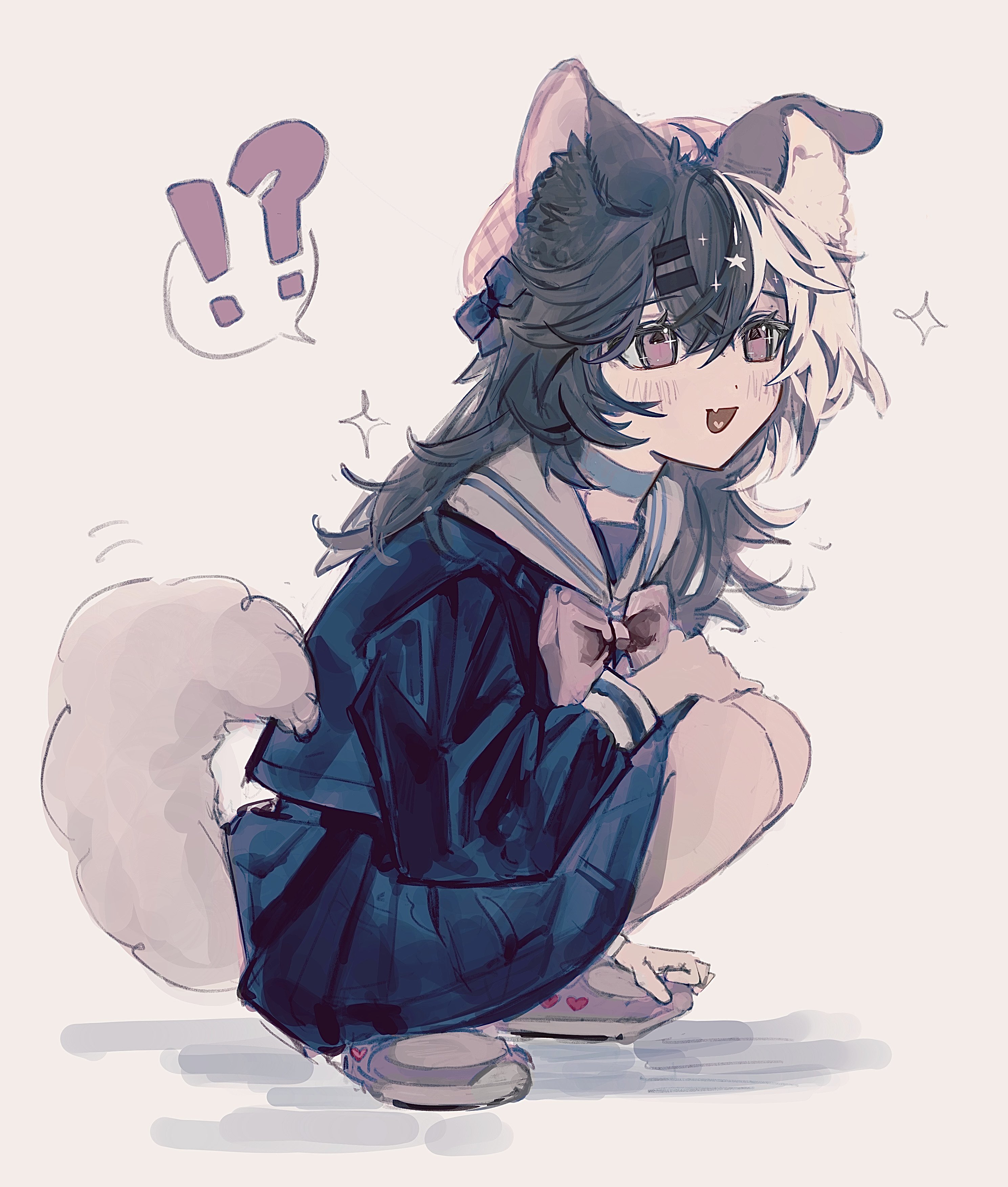 sushineko8, original, absurdres, highres, 1girl, animal ear fluff, animal ears, blush, dog ears, dog tail, grey hair, open mouth, smile, squatting, tail