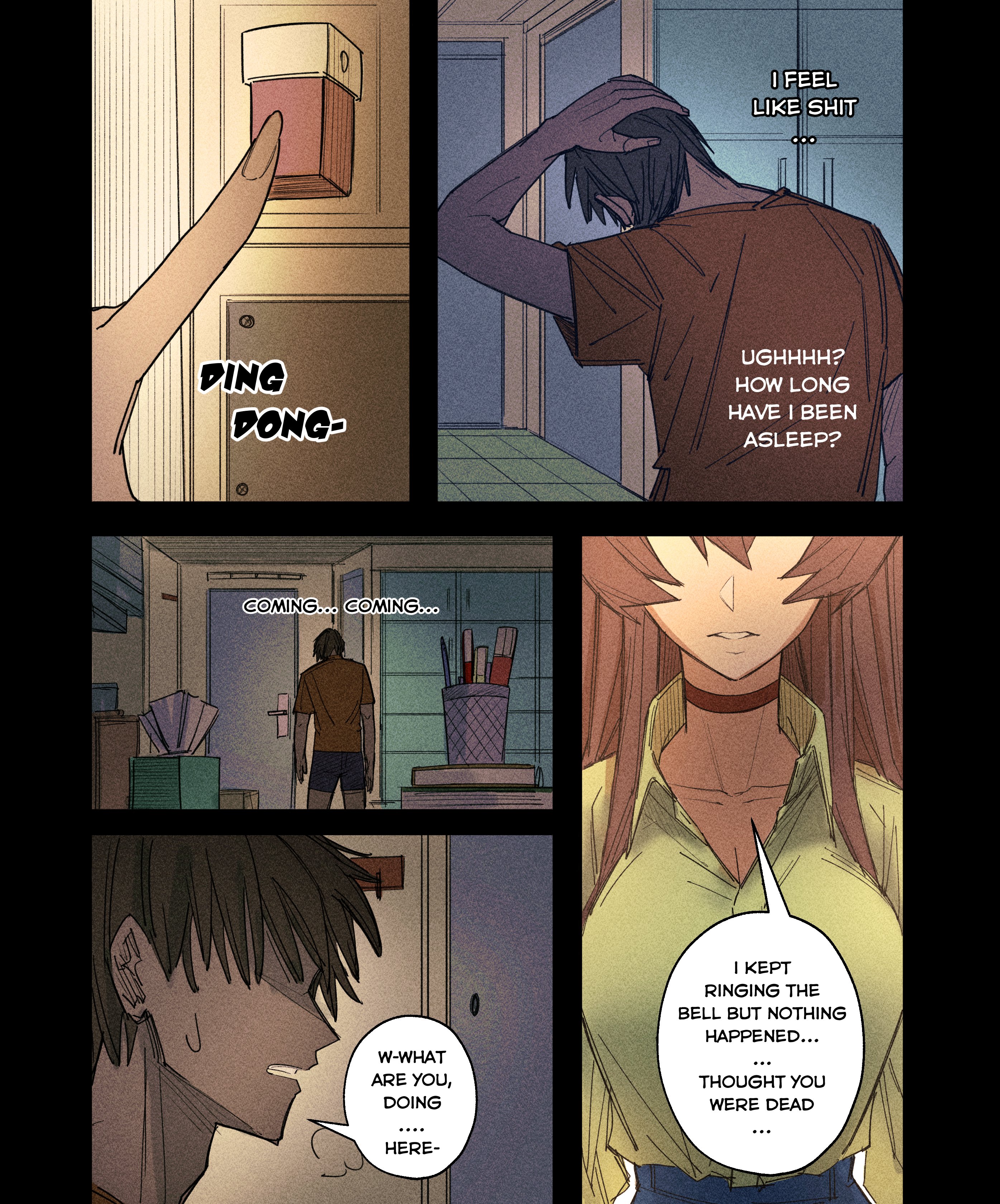 senukin, original, absurdres, commentary, english commentary, highres, 1boy, 1girl, black hair, breasts, brown hair, choker, cleavage, doorbell, english text, faceless, faceless female, faceless male, indoors, long hair, medium breasts, office lady (senukin), open mouth, orange shirt, parted lips, pillarboxed, red choker, shirt, short hair, short sleeves, speech bubble, sweatdrop, talking