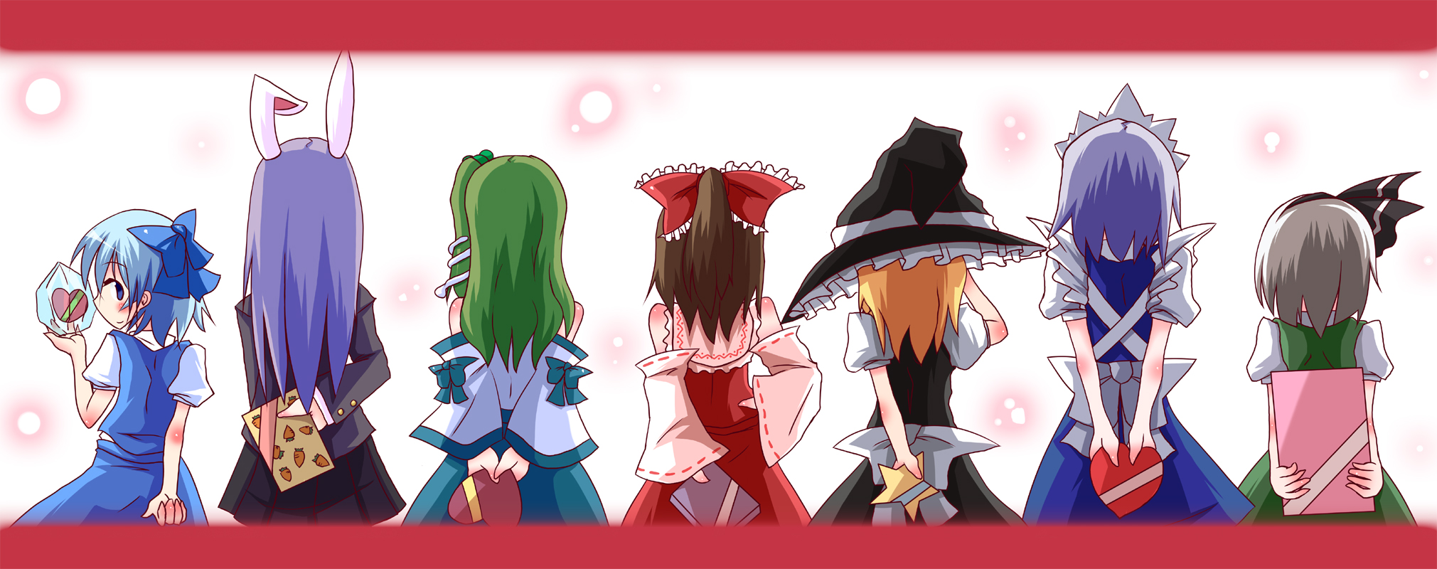 kuraryu, cirno, hakurei reimu, izayoi sakuya, kirisame marisa, kochiya sanae, konpaku youmu, reisen udongein inaba, touhou, silver hair, bad id, bad pixiv id, highres, long image, wide image, 6+girls, animal ears, blonde hair, blue eyes, blue hair, bow, brown hair, detached sleeves, female focus, from behind, frozen, gift, green hair, hair bow, hair ornament, hair ribbon, hand on own hip, hat, heart, holding, holding behind back, jacket, letterboxed, light particles, long hair, looking at viewer, looking back, maid headdress, multiple girls, ponytail, puffy short sleeves, puffy sleeves, purple hair, rabbit ears, ribbon, short hair, short sleeves, side ponytail, simple background, skirt, skirt set, snake hair ornament, star (symbol), suit jacket, valentine, white background, witch hat
