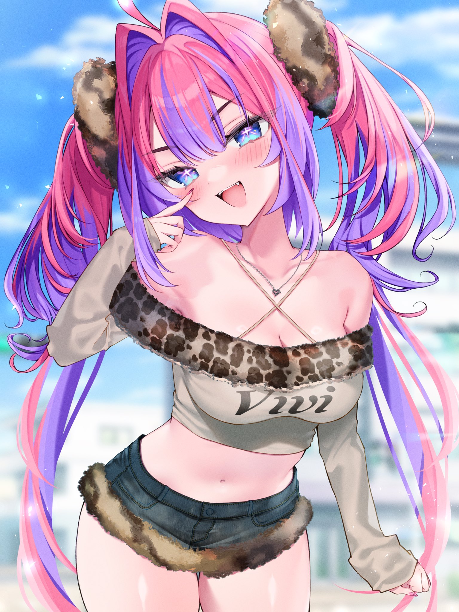 buta tamako, kikirara vivi, hololive, hololive dev is, highres, 1girl, ahoge, animal print, bare shoulders, blue eyes, blue shorts, blue sky, blush, breasts, brown scrunchie, brown shirt, cleavage, cloud, cloudy sky, collarbone, criss-cross halter, day, fang, fingernails, fur-trimmed shorts, fur trim, hair intakes, hair ornament, hair scrunchie, halterneck, jewelry, leopard print, long hair, long sleeves, looking at viewer, nail polish, navel, necklace, off-shoulder shirt, off shoulder, open mouth, pink hair, pink nails, scrunchie, shirt, shorts, sky, smile, solo, stomach, teeth, thighs, twintails, upper teeth only, virtual youtuber