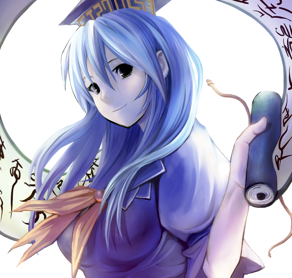 eho (icbm), kamishirasawa keine, touhou, bad id, bad pixiv id, 1girl, blue hair, female focus, scroll, solo