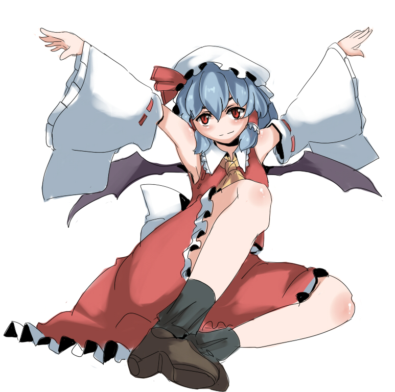 magukappu, hakurei reimu, remilia scarlet, touhou, 1girl, armpits, arms up, bat wings, blue hair, cosplay, detached sleeves, female focus, full body, hakurei reimu (cosplay), hat, japanese clothes, miko, no nose, red eyes, short hair, simple background, skirt, smile, solo, white background, wings
