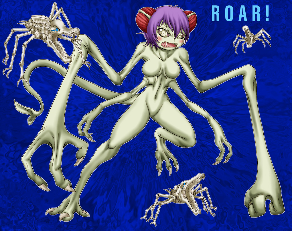 ikuramaru, clover (character), cloverfield, gender request, angry, breasts, claws, clover, extra arms, genderswap, monster girl, multi limb, no humans, no nipples, nude, purple hair, sharp teeth, short hair, tail, teeth, what