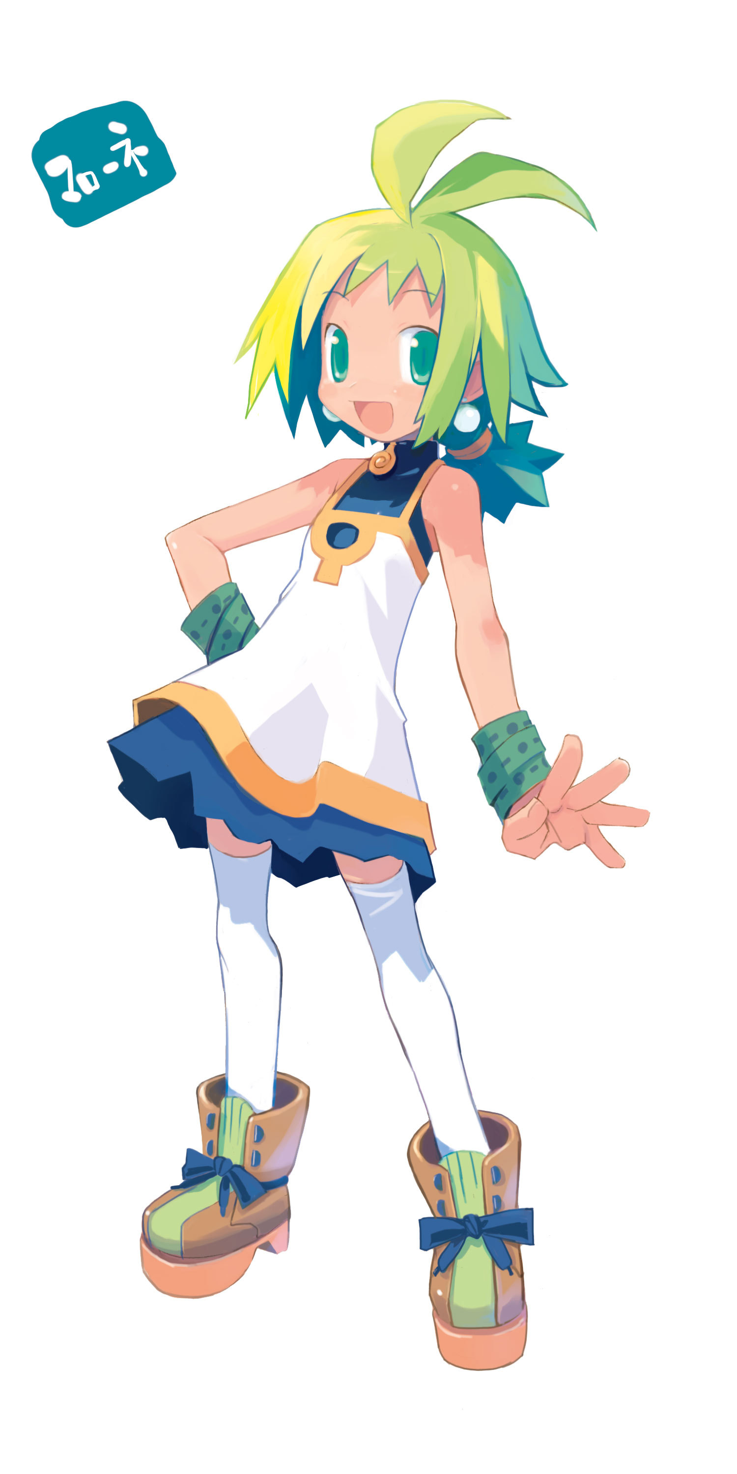 harada takehito, marona (phantom brave), phantom brave, absurdres, highres, official art, 1girl, bare shoulders, female focus, solo, thighhighs, white thighhighs