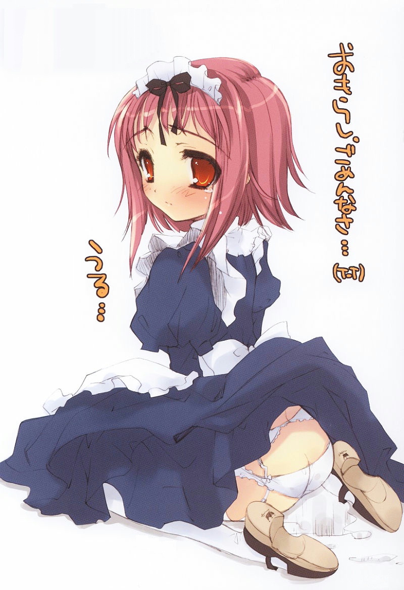itou noiji, kichiemo, brown footwear, 1girl, apron, ass, black dress, blush, brown eyes, dress, embarrassed, from behind, garter belt, garter straps, long sleeves, looking at viewer, looking back, maid, maid headdress, mary janes, panties, peeing, peeing self, pink hair, puddle, puffy sleeves, shoes, short hair, tears, thighhighs, underwear, white apron, white background, white panties, white thighhighs