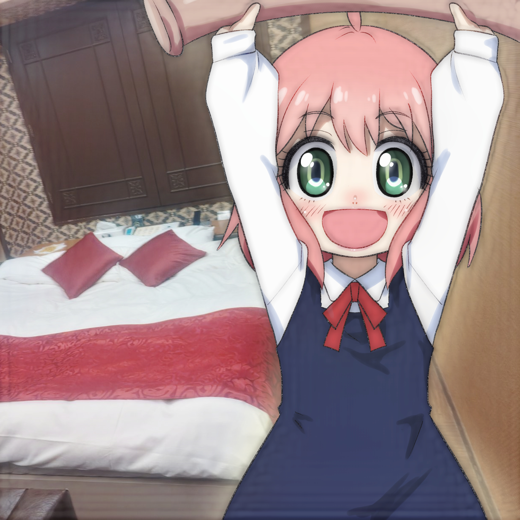 t jiroo (ringofriend), anya (spy x family), spy x family, highres, 1girl, ahoge, arms up, bed, black dress, blanket, blush, bow, bowtie, cabinet, dress, green eyes, holding, hotel room, long sleeves, looking at viewer, open mouth, photo background, pillow, pink hair, red bow, red bowtie, school uniform, shirt, short hair, sleeveless, sleeveless dress, smile, standing, white shirt
