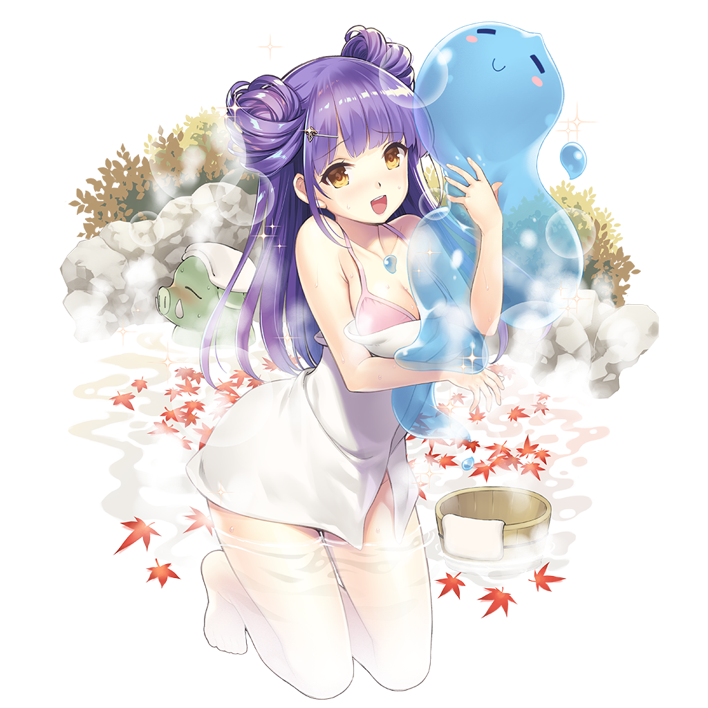 uchi no hime-sama ga ichiban kawaii, 1girl, arne q klose, autumn leaves, barefoot, blunt bangs, bra, breasts, cleavage, double bun, hair bun, jewelry, kneeling, leaf, long hair, naked towel, necklace, onsen, open mouth, orc, pink bra, purple hair, slime (creature), towel, underwear, yellow eyes