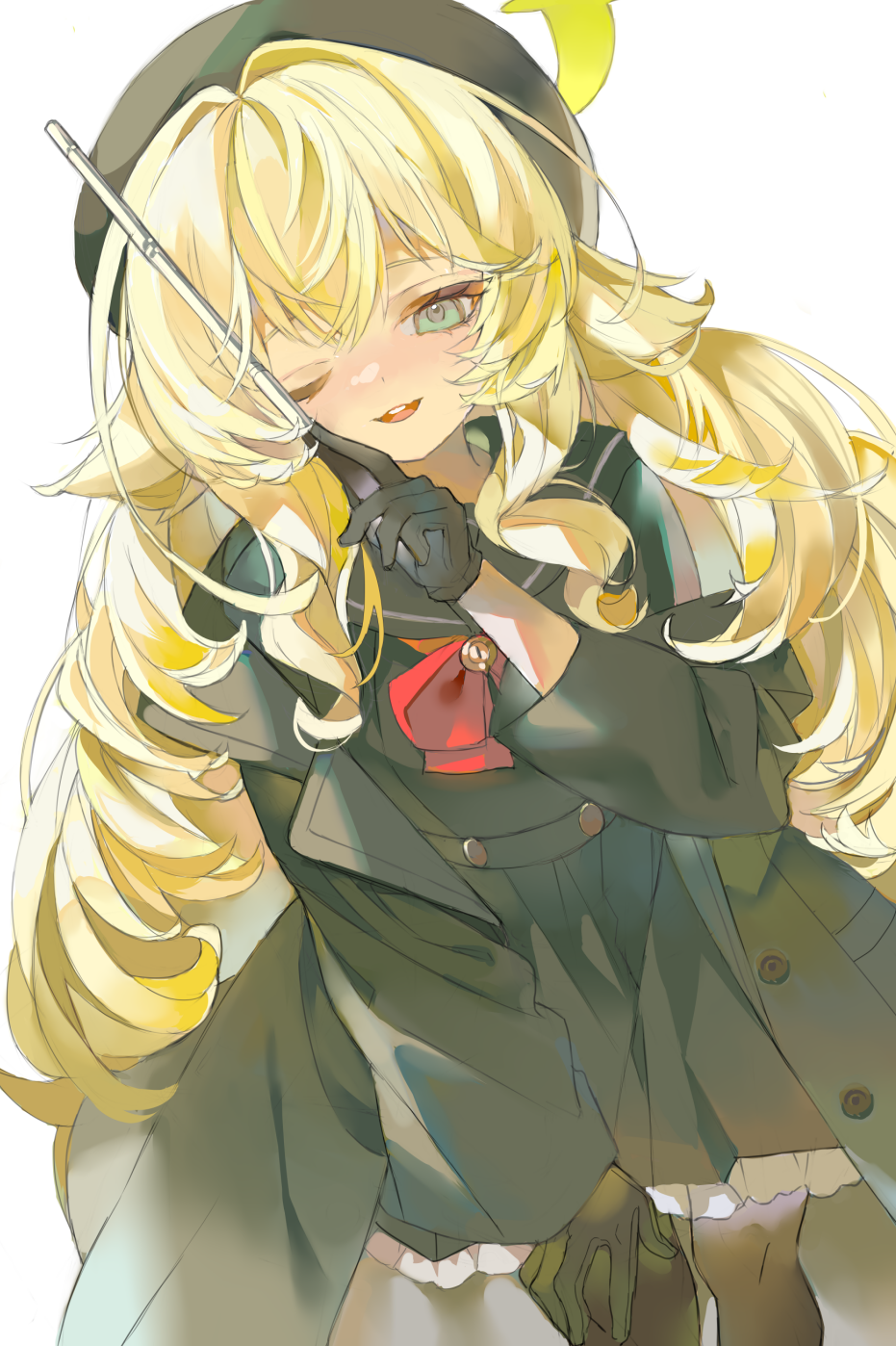 professor niyaniya (blue archive), blue archive, fluffy hair, highres, 1girl, beret, black coat, black gloves, black hat, black pantyhose, black sailor collar, black serafuku, bow, bowtie, coat, gloves, green eyes, halo, hand on own knee, hat, holding, holding pointer, looking at viewer, marant38, one eye closed, open clothes, open coat, pantyhose, pointer, red bow, red bowtie, sailor collar, school uniform, serafuku, side ahoge, solo, white background, yellow halo