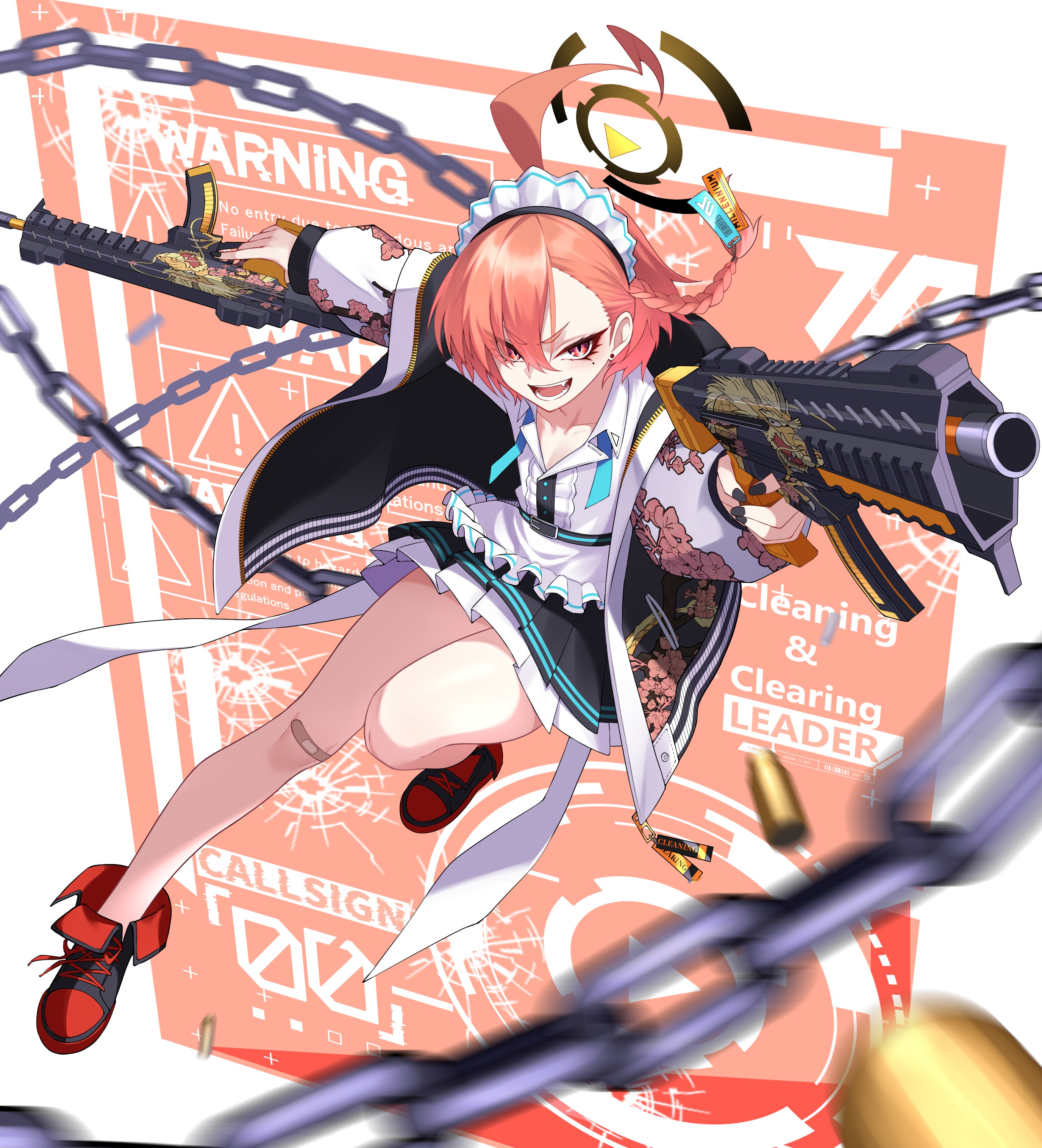 kurosaki saya, neru (blue archive), blue archive, absurdres, highres, 1girl, ahoge, bandaid, bandaid on knee, bandaid on leg, black halo, black nails, braid, chain, dual wielding, earrings, english text, gun, halo, holding, holding gun, holding weapon, huge ahoge, jacket, jewelry, long sleeves, maid headdress, miniskirt, mole, mole under each eye, mole under eye, multiple moles, open mouth, orange hair, pleated skirt, print jacket, red eyes, red shoes, shoes, short hair, sig mpx, single braid, skirt, smile, solo, stud earrings, submachine gun, sukajan, weapon