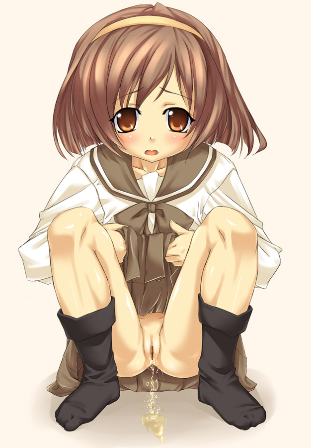 buresu, imasaka yue, memories off, 1girl, bar censor, black socks, blush, bow, bowtie, brown bow, brown bowtie, brown eyes, brown hair, brown skirt, censored, clothes lift, collarbone, embarrassed, female focus, grey background, hairband, long sleeves, looking at viewer, no panties, open mouth, pee, peeing, puddle, pussy, school uniform, shirt, short hair, skirt, skirt lift, socks, solo, white shirt