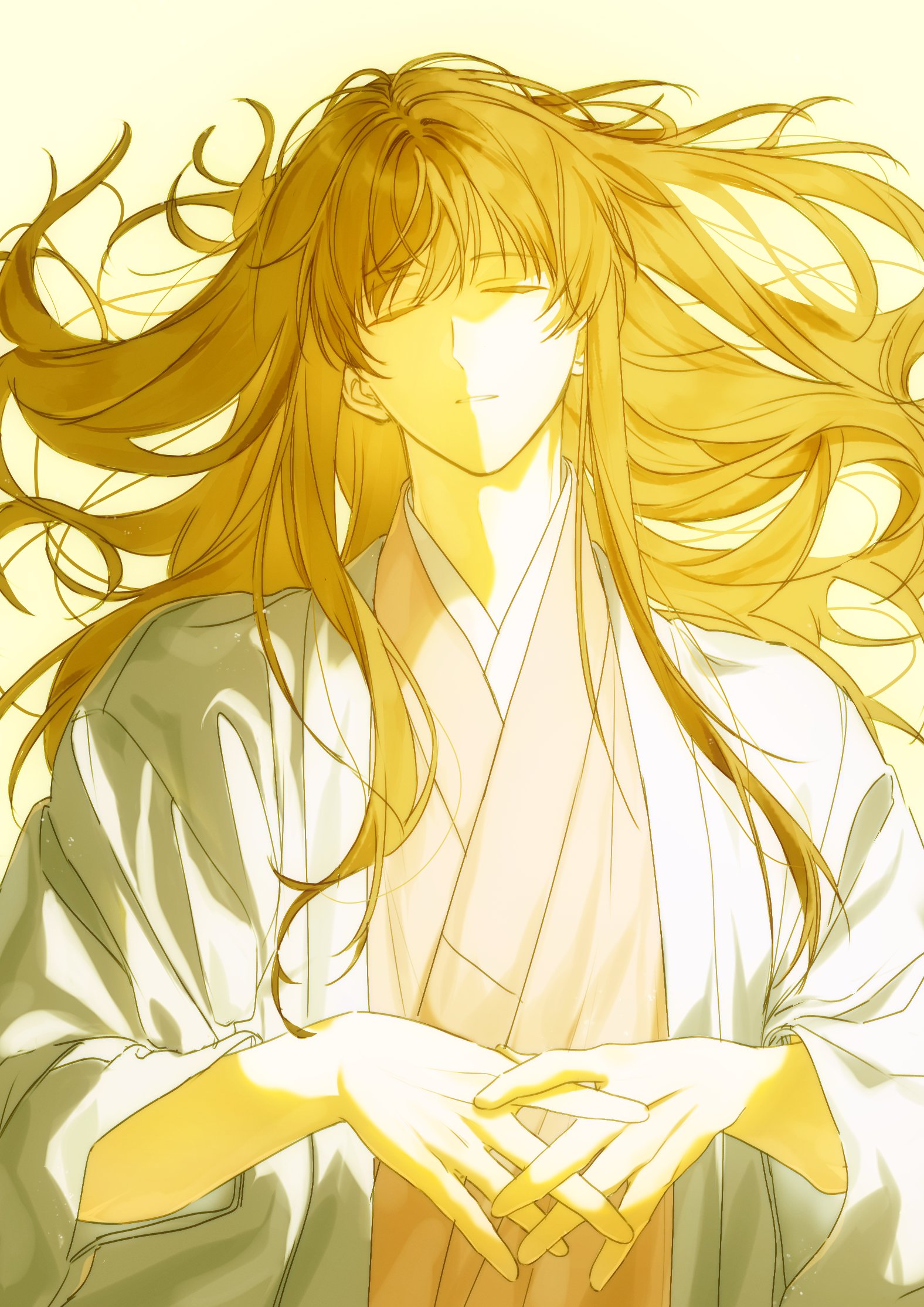 yoshida shouyou, gintama, hashtag-only commentary, highres, 1boy, bishounen, brown hair, brown kimono, closed eyes, closed mouth, facing viewer, grey haori, hair spread out, haori, janboo 1028, japanese clothes, kimono, long hair, long sleeves, lying, male focus, on back, own hands together, solo, upper body, yellow background, yellow theme