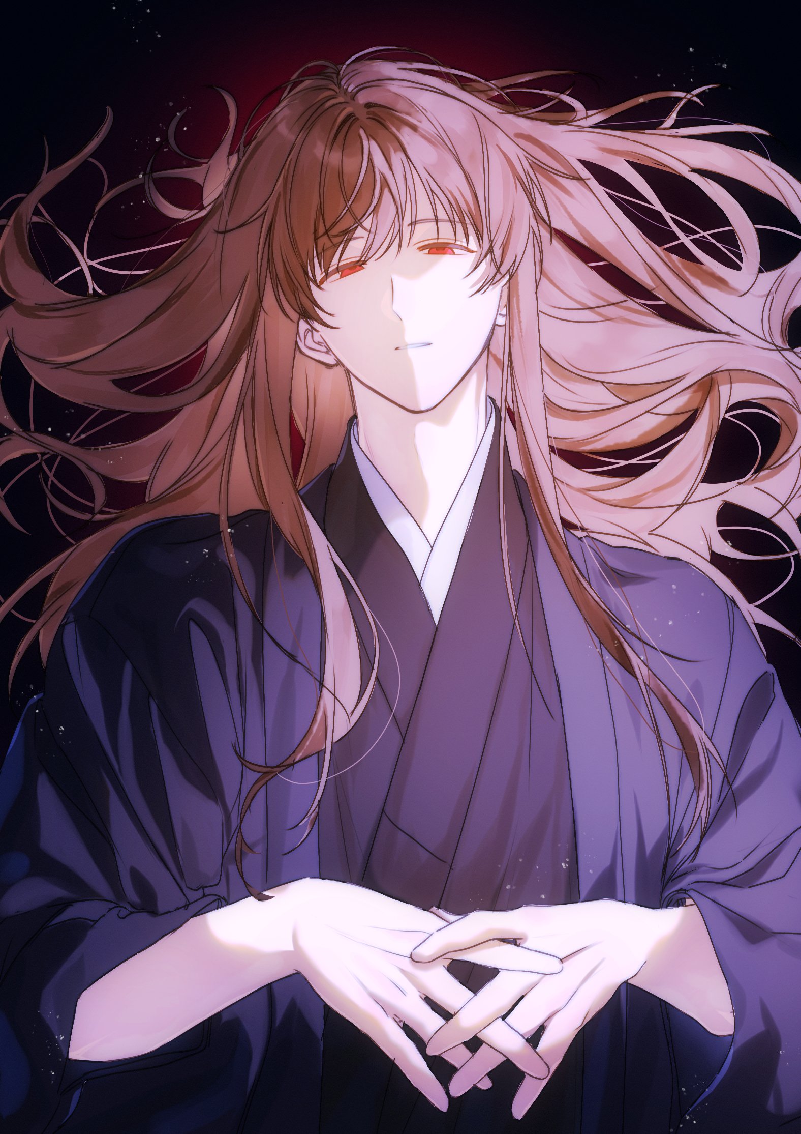 yoshida shouyou, gintama, hashtag-only commentary, highres, recolored, 1boy, bishounen, black background, black kimono, blue haori, brown hair, facing viewer, hair spread out, haori, janboo 1028, japanese clothes, kimono, long hair, long sleeves, lying, male focus, on back, own hands together, parted lips, red eyes, solo, teeth, upper body