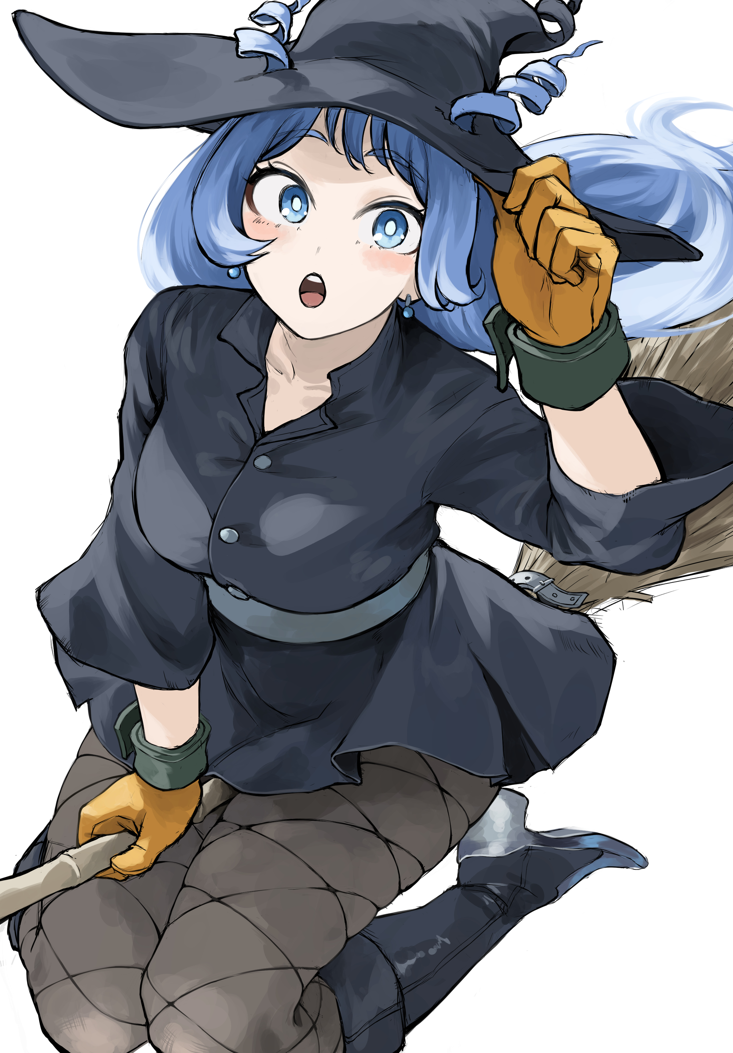 fengling (furin-jp), hado nejire, boku no hero academia, absurdres, highres, 1girl, black boots, black pantyhose, black shirt, black skirt, blue eyes, blue hair, blush, boots, breasts, broom, broom riding, collarbone, drill hair, fishnet pantyhose, fishnets, gloves, hair horns, hair through headwear, halloween, halloween costume, hat, high heel boots, high heels, large breasts, long hair, long sleeves, looking at viewer, open mouth, orange gloves, pantyhose, shirt, simple background, skirt, solo, teeth, twin drills, upper teeth only, very long hair, white background, witch, witch hat