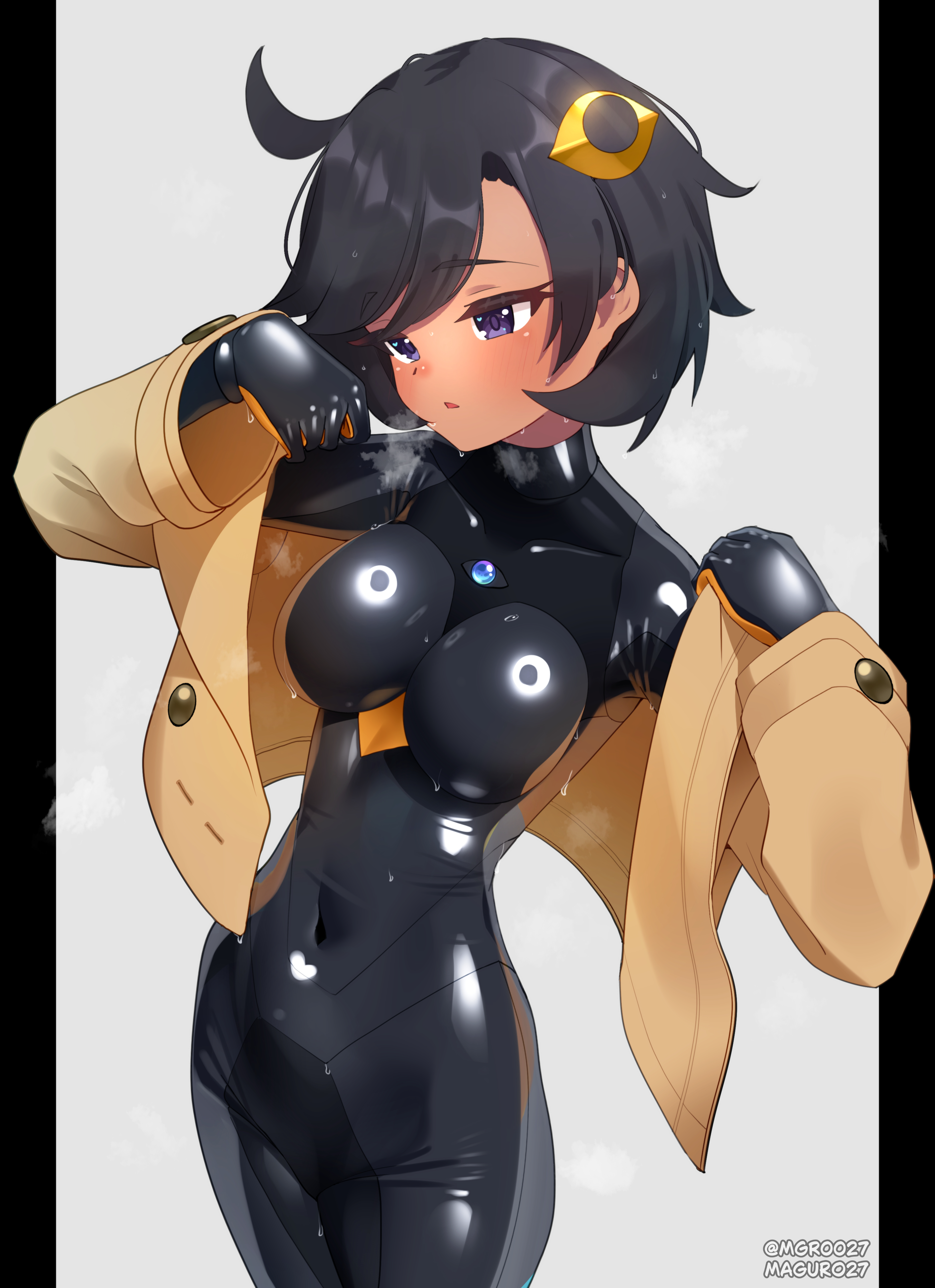 maguro27, emma (pokemon), nintendo, pokemon, pokemon legends: z-a, absurdres, highres, 1girl, ahoge, black bodysuit, black hair, blush, bodysuit, bodysuit under clothes, breasts, brown jacket, covered navel, dark-skinned female, dark skin, hair ornament, impossible bodysuit, impossible clothes, jacket, latex, latex bodysuit, medium breasts, open clothes, open jacket, open mouth, purple eyes, shiny clothes, short hair, skin tight, solo, standing, sweat