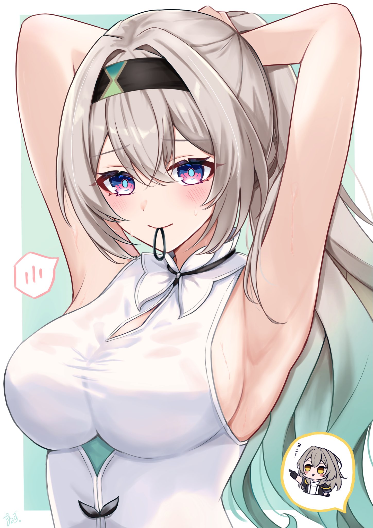 tiizumaru98, firefly (honkai: star rail), stelle (honkai: star rail), trailblazer (honkai: star rail), honkai: star rail, honkai (series), commentary request, highres, 2girls, aqua background, aqua pupils, armpits, arms behind head, arms up, black headband, blush, border, breasts, chibi, chibi inset, closed mouth, gradient hair, grey hair, hair between eyes, hair tie, hair tie in mouth, headband, large breasts, looking at viewer, mouth hold, multicolored eyes, multicolored hair, multiple girls, outside border, pink eyes, purple eyes, shirt, sideboob, sleeveless, sleeveless shirt, smile, solo focus, spoken blush, spoken character, sweat, two-tone eyes, tying hair, upper body, white border, white shirt