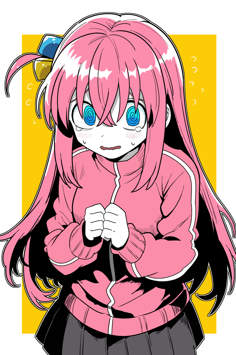 bollzzalguy, gotoh hitori, bocchi the rock!, highres, 1girl, @ @, black skirt, blue eyes, blush, cube hair ornament, flying sweatdrops, hair ornament, jacket, pink hair, pink jacket, side ahoge, simple background, skirt, tears, track jacket