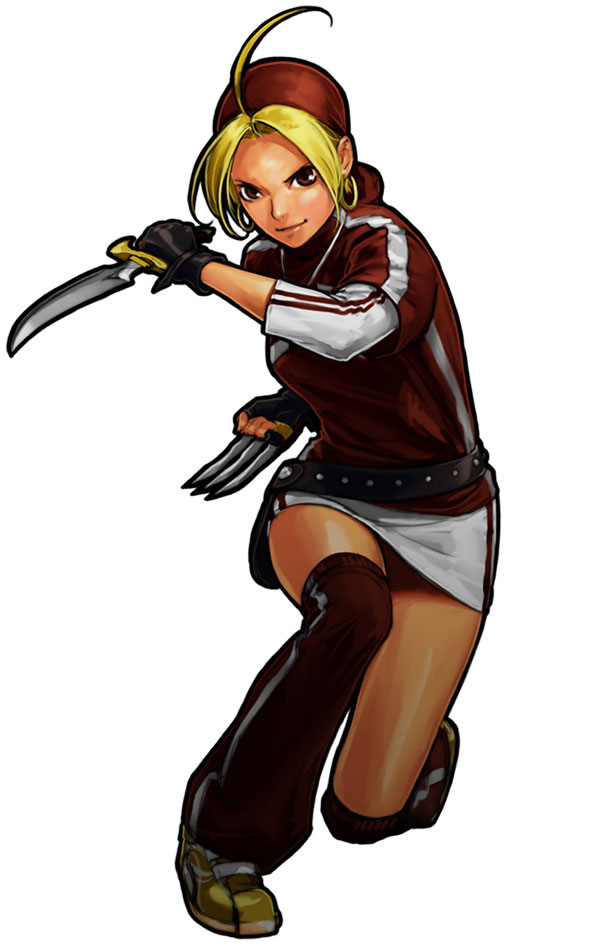 hiroaki (kof), malin (kof), snk, the king of fighters, the king of fighters xi, striped, official art, 1girl, ahoge, bandana, belt, belt pouch, blonde hair, claws, dual wielding, earrings, female focus, fighting stance, full body, holding, hoop earrings, jewelry, kneeling, knife, miniskirt, necklace, pencil skirt, pouch, red eyes, shoes, short hair, simple background, skirt, smile, sneakers, solo, thighhighs, turtleneck